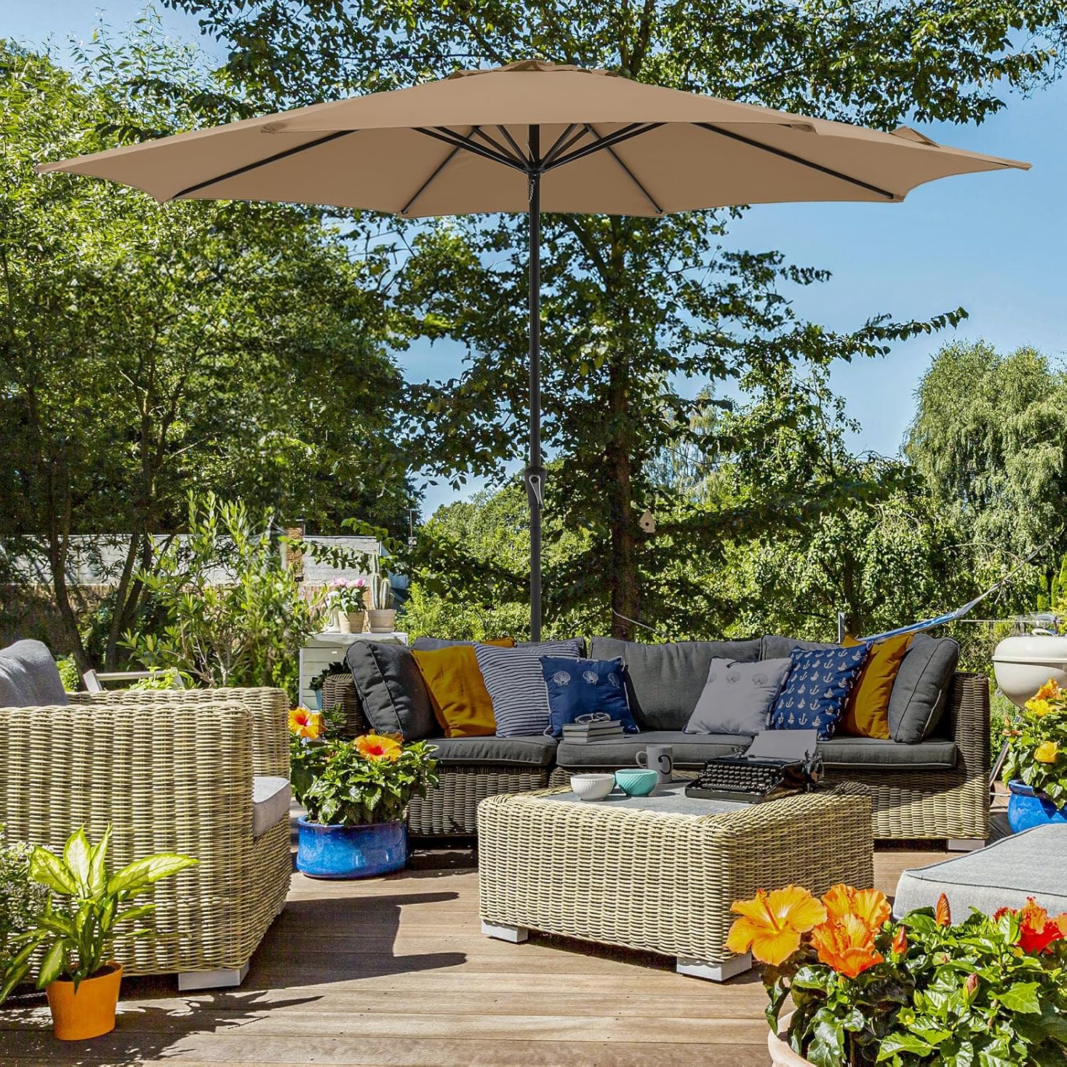 COBANA 11' Patio Umbrella, Outdoor Table Market Large Umbrella with 8 Steel Ribs and Crank, Beige