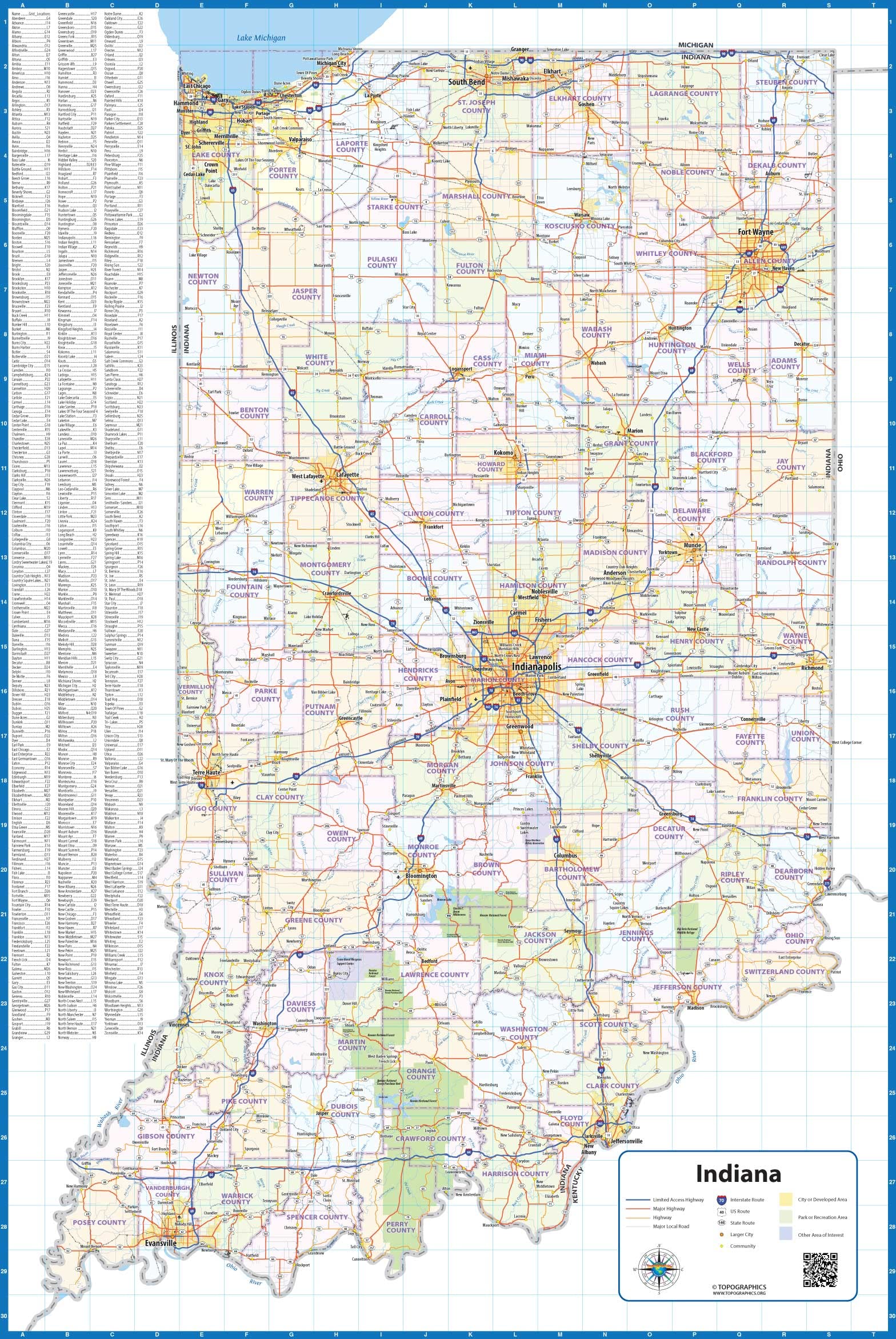 Generic Indiana Road Laminated Full Color Wall Map (24 x 36 inches)
