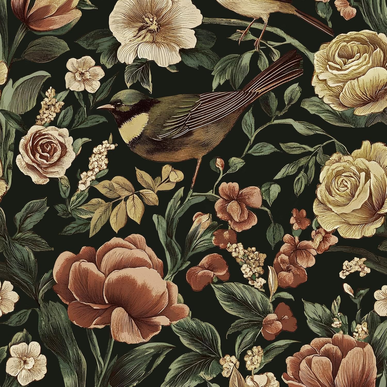 Vintage Floral Peel and Stick Wallpaper Green Leaf Wall Paper Boho Bird Contact Paper for Living Room Kitchen Bathroom Removable Renter Friendly 17.5 x 393.5In