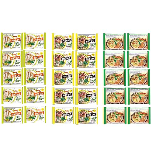 Mama Oriental Style instant noodles Mix Flavor Bundle Package Total 30 Packs (3 Flavor Pho Noodle Mix Pho Ga Chicken Flavor, Pho Bo Beef Flavor, and Pho Chand Clear Soup) 3 flavors 10 bags each total 30 bags, - 3 Flavor Pho Noodle Mix