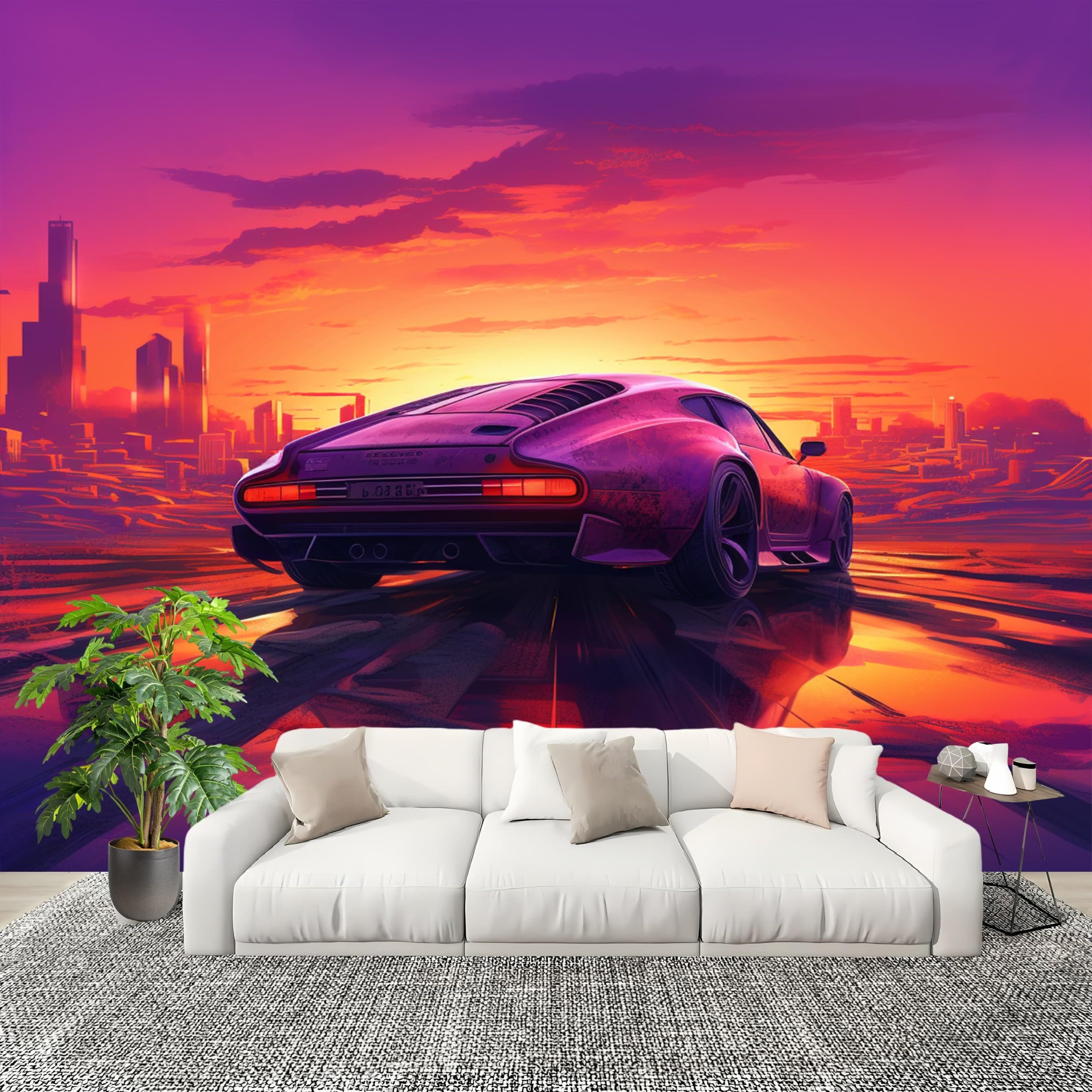 Fototapeta 400 x 280 cm nowoczesny samochód sportowy wzór w paski tapeta efekt 3D włóknina pomarańczowo-fioletowa fototapeta do sypialni salonu tło telewizora i sofa