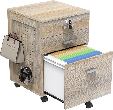 SHW Box File Rolling Mobile Cabinet with Side Pegboard, Maple | Lockable Drawer