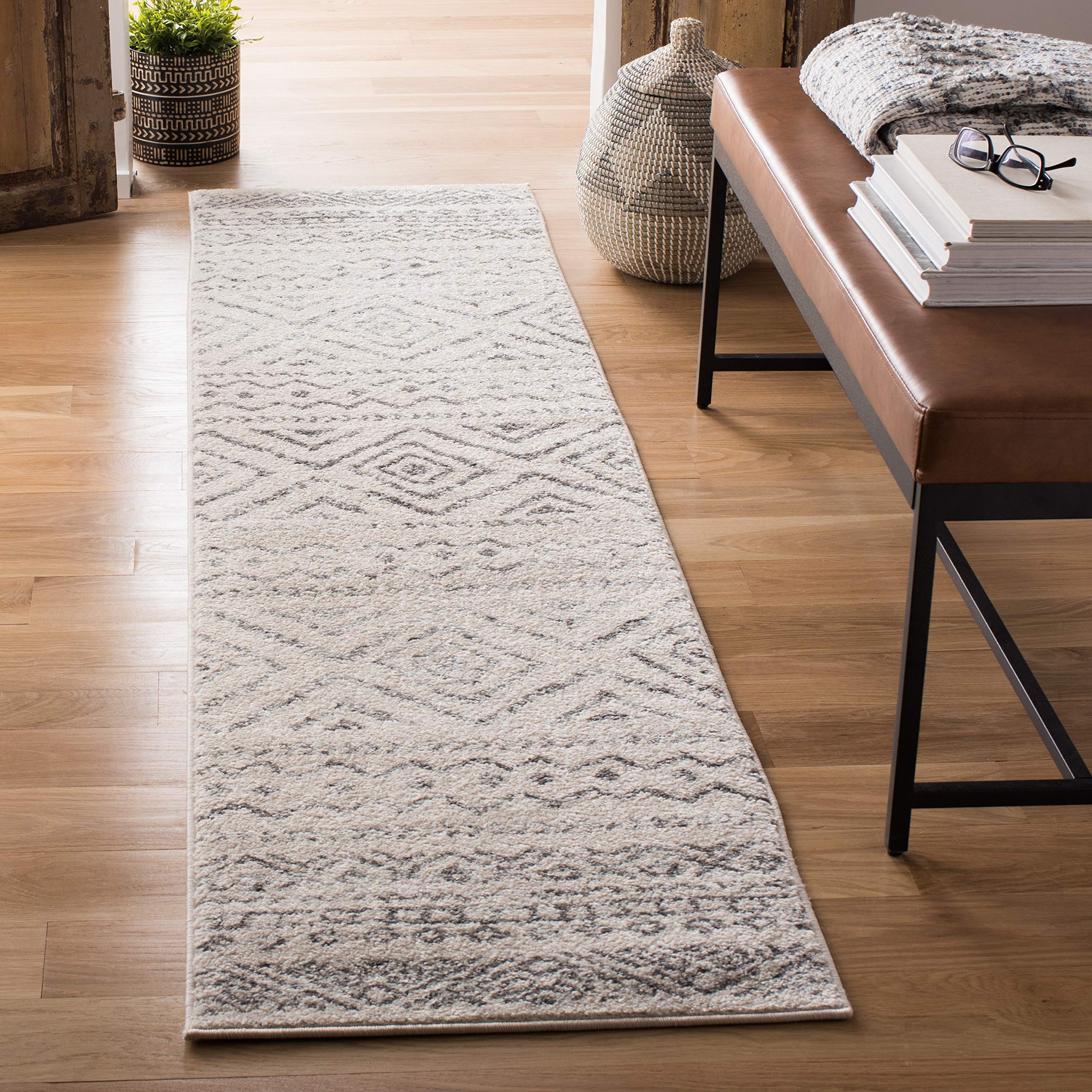 SAFAVIEH Tulum Collection Accent Rug - 2' x 5', Ivory & Grey, Moroccan Boho Distressed Design, Non-Shedding & Easy Care, Ideal for High Traffic Areas in Entryway, Living Room, Bedroom (TUL267A)