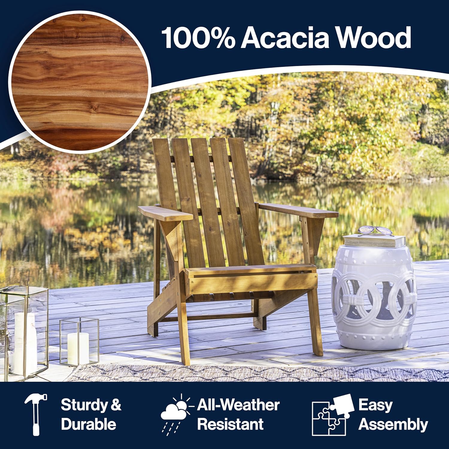 JONATHAN Y PAT1001A Irving Outdoor Patio Modern Acacia Wood Adirondack Chair for Garden, Lawn, Backyard, Pool, Deck, Beach, Firepit, Light Brown