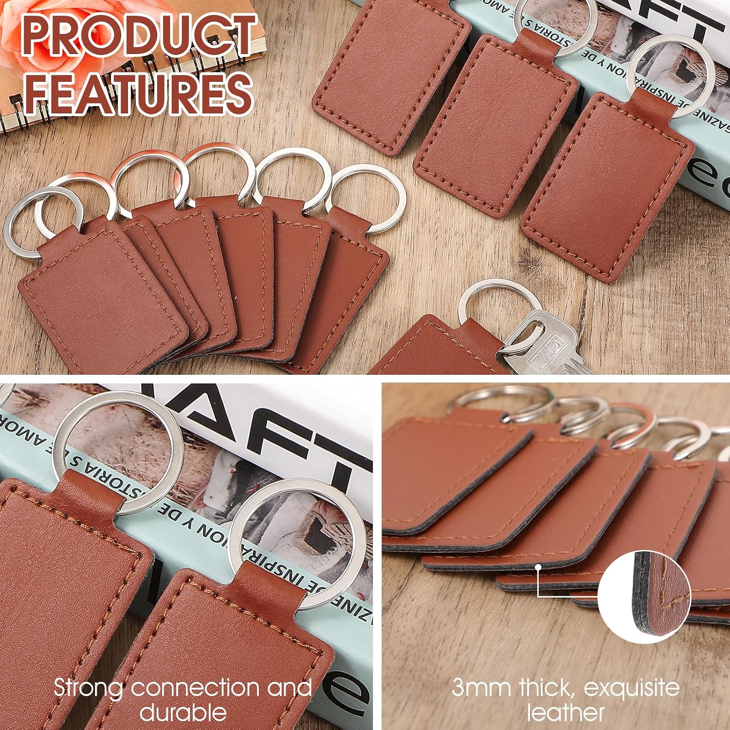 Qianyu Leather Car Keychain Rectangular Leather Key Fob Universal Keys Chain Holder Blanks Keychain Kit with Key Rings