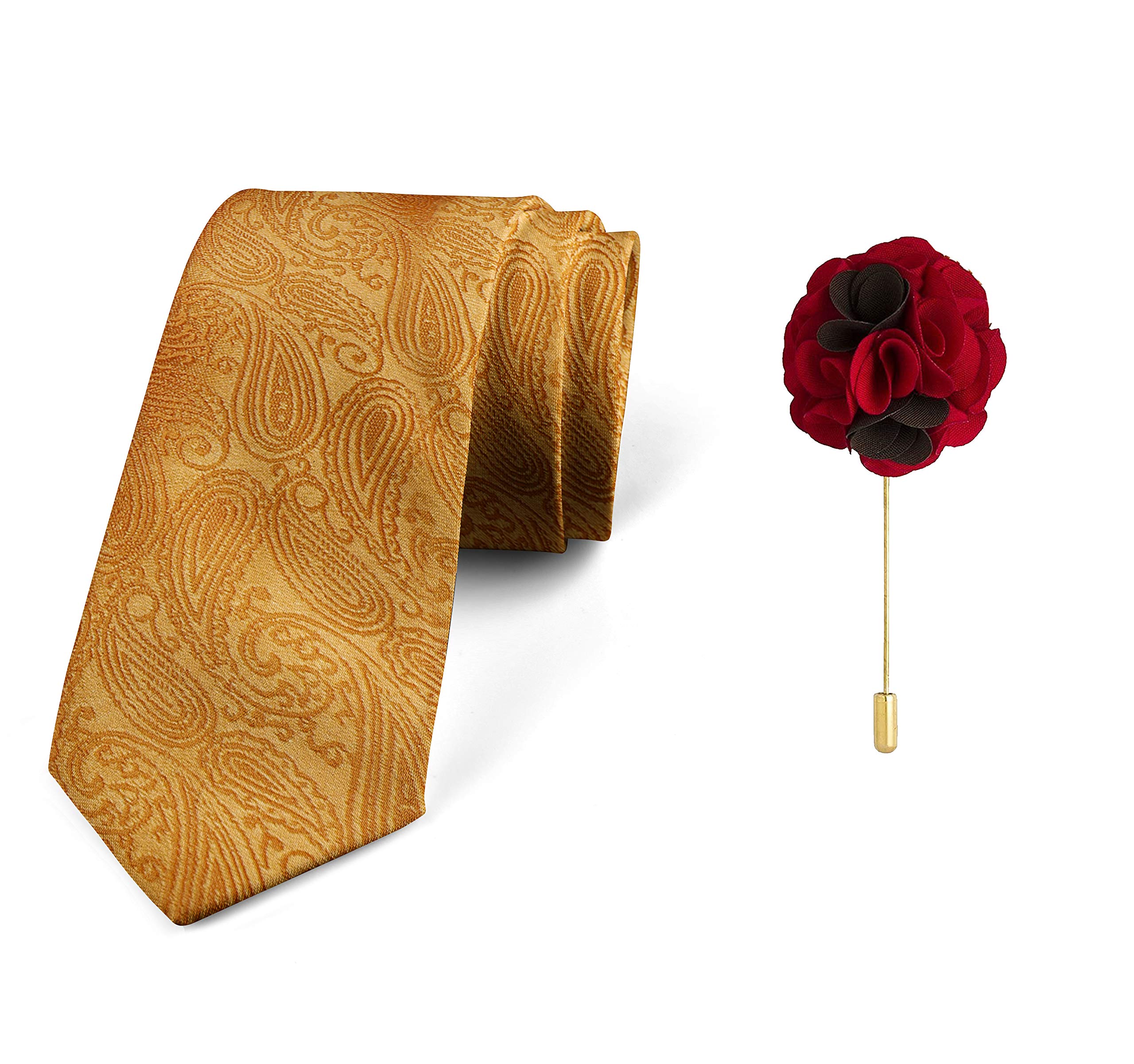 Tie for Men – Paisley Silk Neck Ties Set with Cufflinks Flower Pin, Pocket Square & Black Gift Box, Combo Necktie Sets for Office Wear, Formal Suits (Mustard, nu-Lite-Paisley-33)-image-45