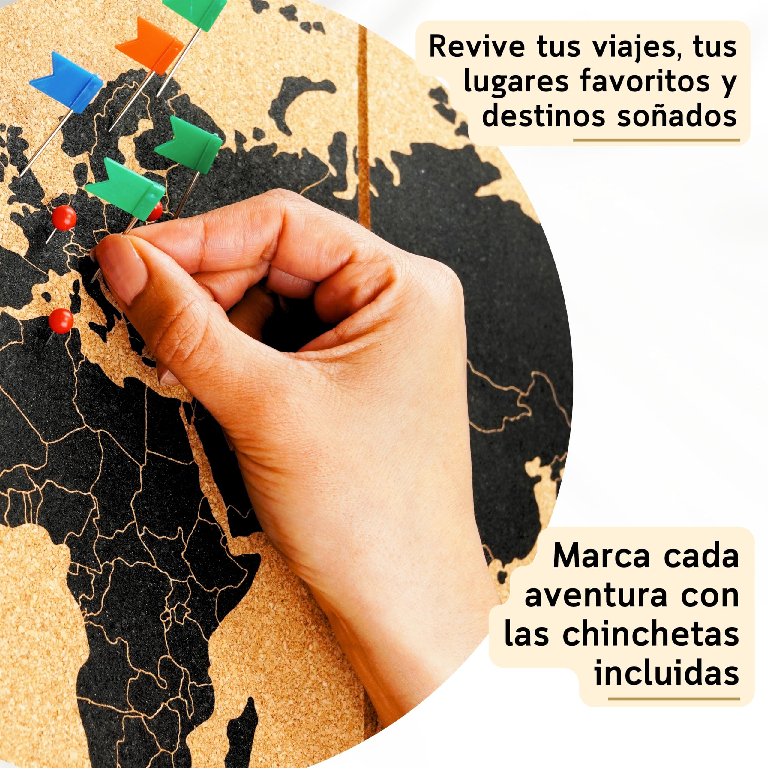 Mapa Mundi Corcho Pared XXL 120x60 cm – 6 Paneles Autoadhesivos – Mapa para Marcar Viajes con Chinchetas – 60 Chinchetas Incluidas – Decoración Hogar