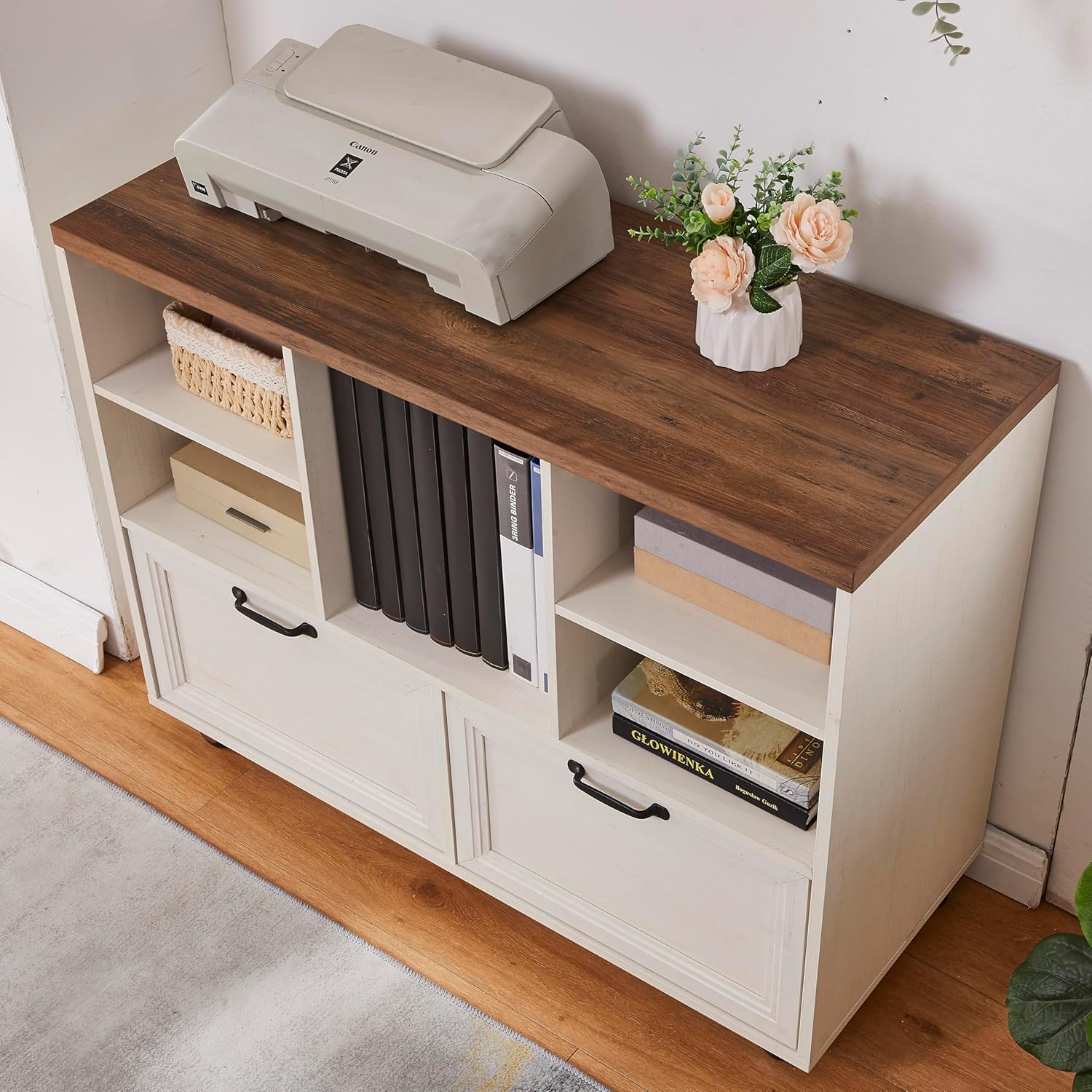 39.3" Farmhouse Wood File Cabinet with Wheels,Small Home Office Storage,Rolling File Cabinet with 2 Drawers for Legal/Letter/ A4 Size