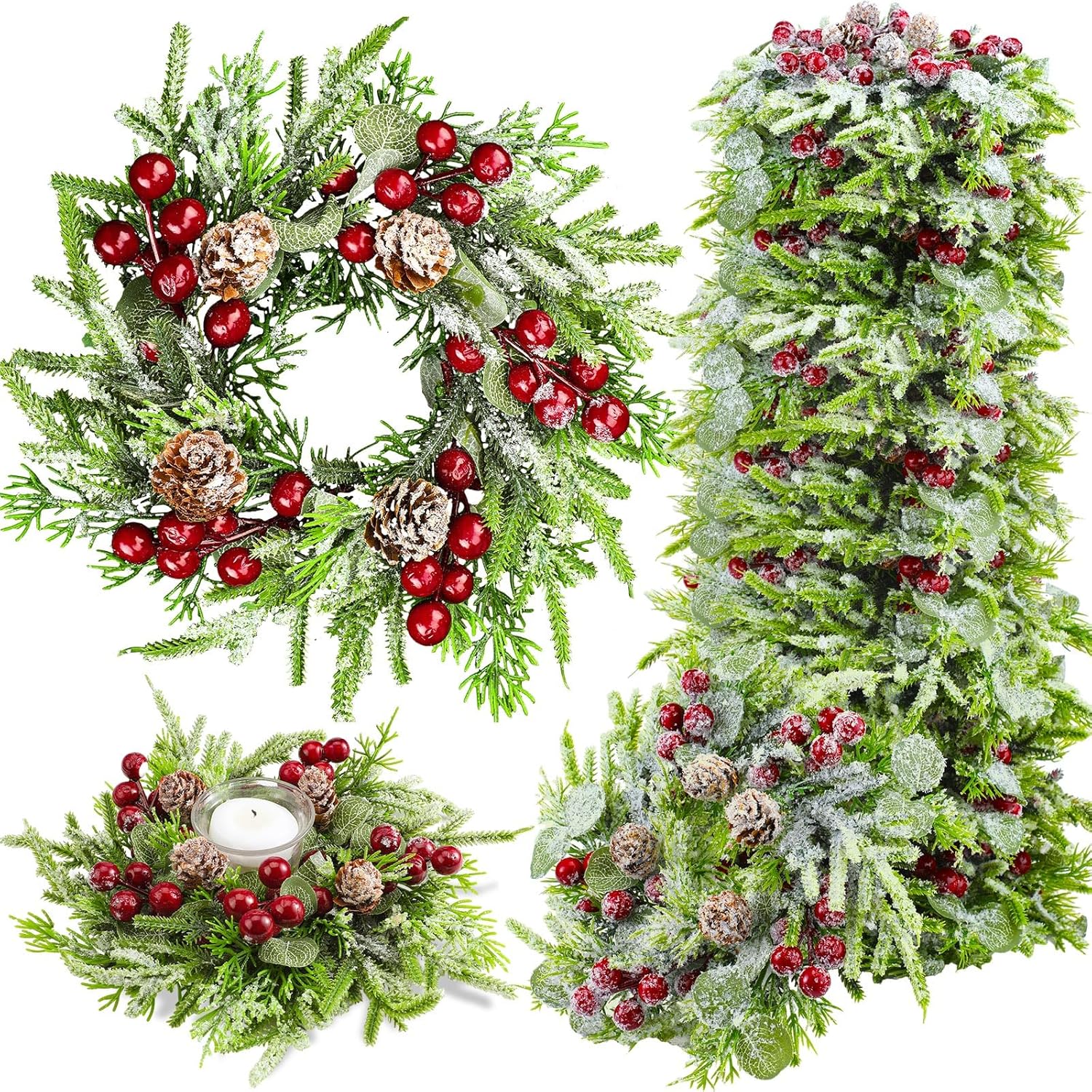 Lyrow 8 Pcs Christmas Candle Rings Wreath Xmas Kitchen Cabinet Mini Wreath Artificial Berries Snowy Pine Candle Ring Holder for Christmas Chandelier Home Table Centerpiece Indoor Decor