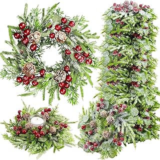 Lyrow 24 Pcs Christmas Candle Rings Wreath Norfolk Pine Garland Red Berry Pinecones Wreaths Artificial Berries Snowy Pine Garland Candle Ring Holder for Christmas Wedding Home Table Centerpiece