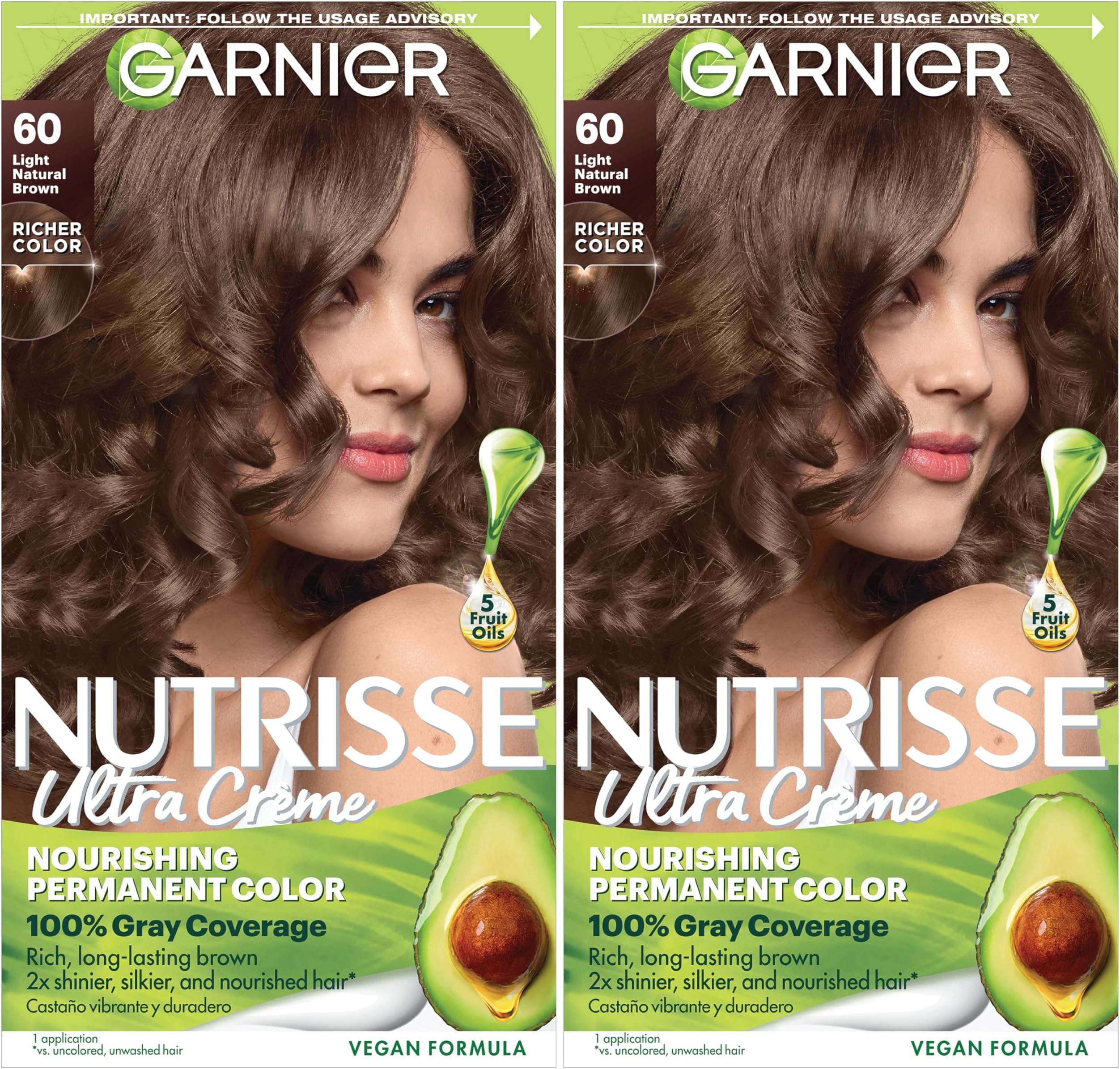Nutrisse Ultra Crème Hair Color, Permanent Hair Dye with 100% Gray Coverage, Vegan & Cruelty-Free, 60 Light Natural Brown (Acorn), 2 Count