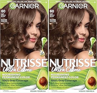 Garnier Nutrisse Ultra Crème Hair Color, Permanent Hair Dye with 100% Gray Coverage, Vegan & Cruelty-Free, 60 Light Natural Brown (Acorn), 2 Count
