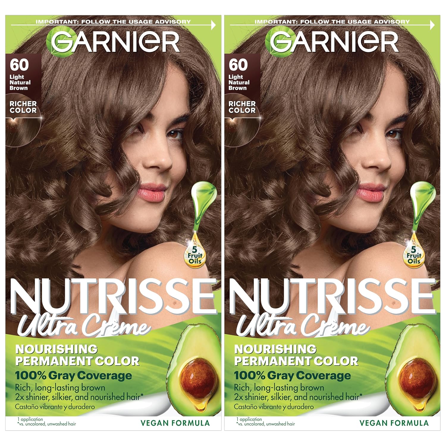 Garnier Nutrisse Ultra Crème Hair Color, Permanent Hair Dye with 100% Gray Coverage, Vegan & Cruelty-Free, 60 Light Natural Brown (Acorn), 2 Count