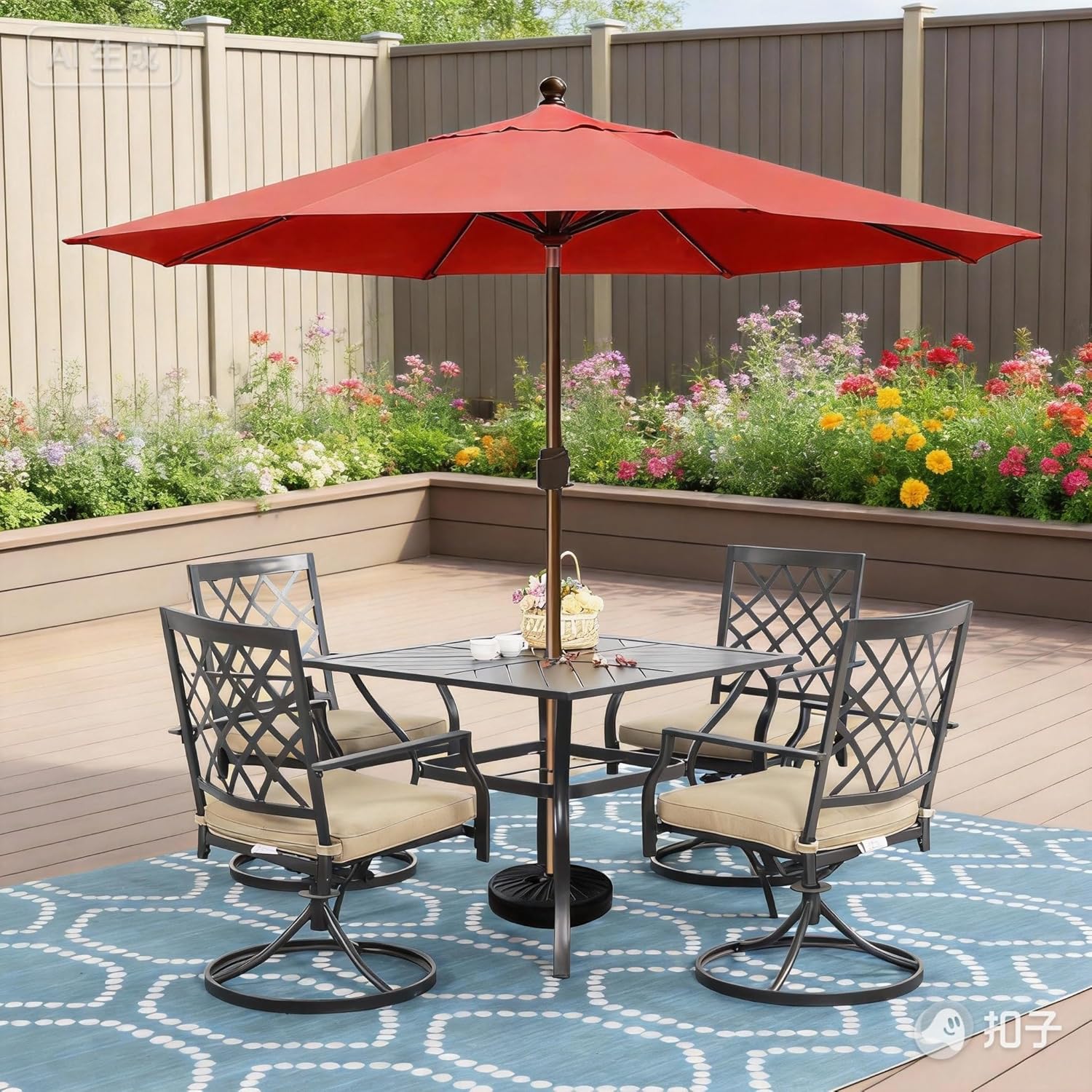 MEOOEM Metal Outdoor Dining Table for 4, 37 in. Square Patio Table with 2.25 in. Umbrella Hole, Black Bistro Table for Garden, Backyard and Porch