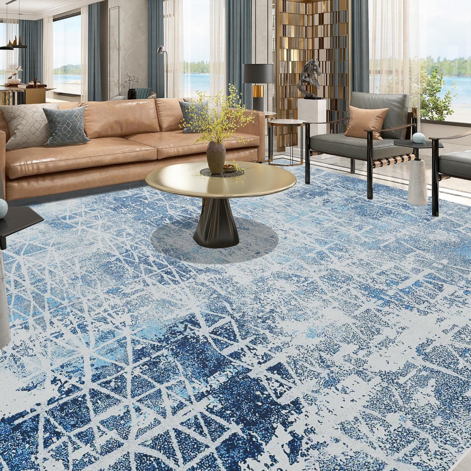 Area Rug for Living Room, 8x10 Large Area Rug Soft Non-Slip Carpet for Bedroom Modern Abstract Rug Low-Pile Machine Washable Rug Carpet for Dining Room Navy Blue