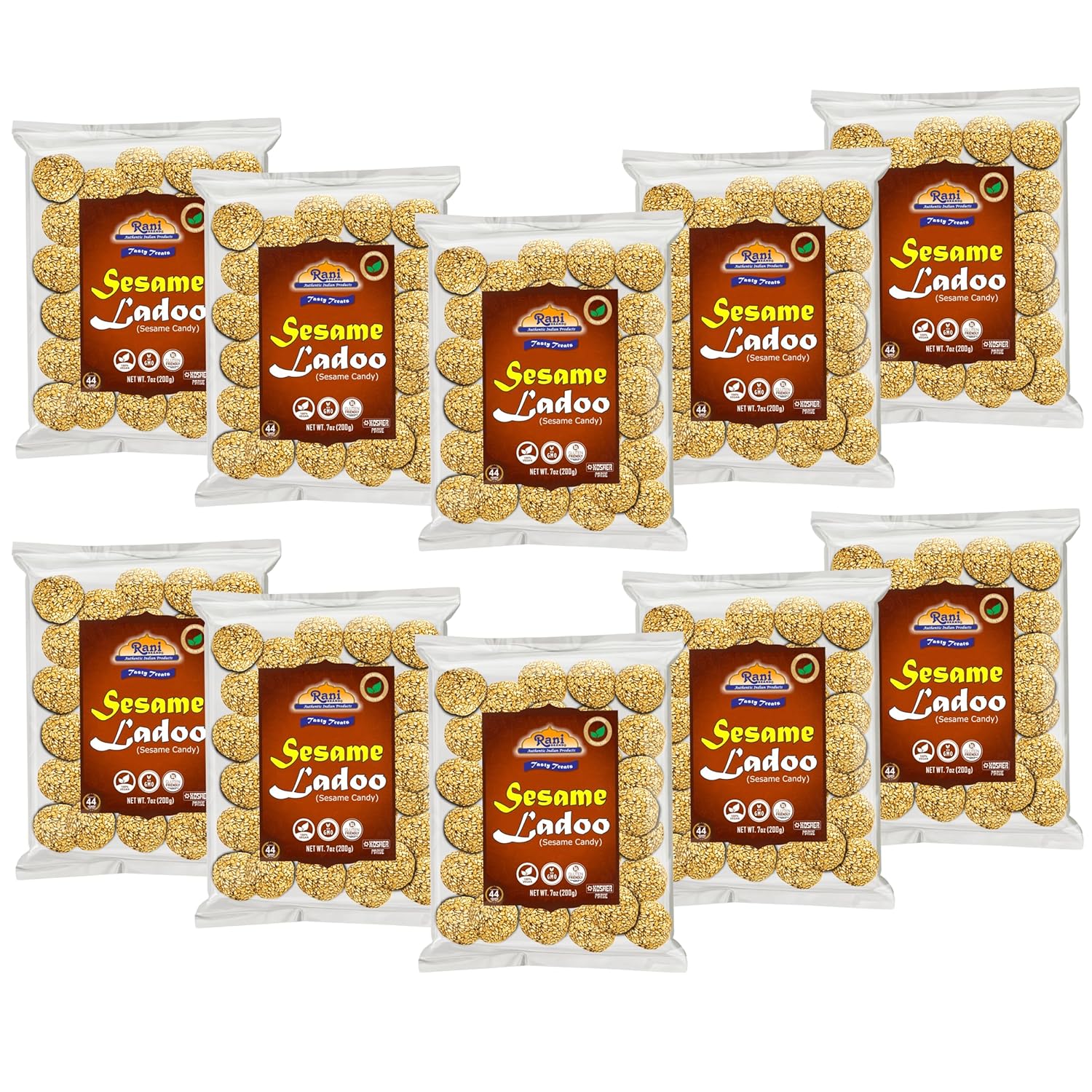 Rani Sesame Ladoo (Round Sesame Brittle Candy) 7oz (200g) x Pack of 10 ~ All Natural | Vegan | No colors | Gluten Friendly | Kosher | Indian Origin