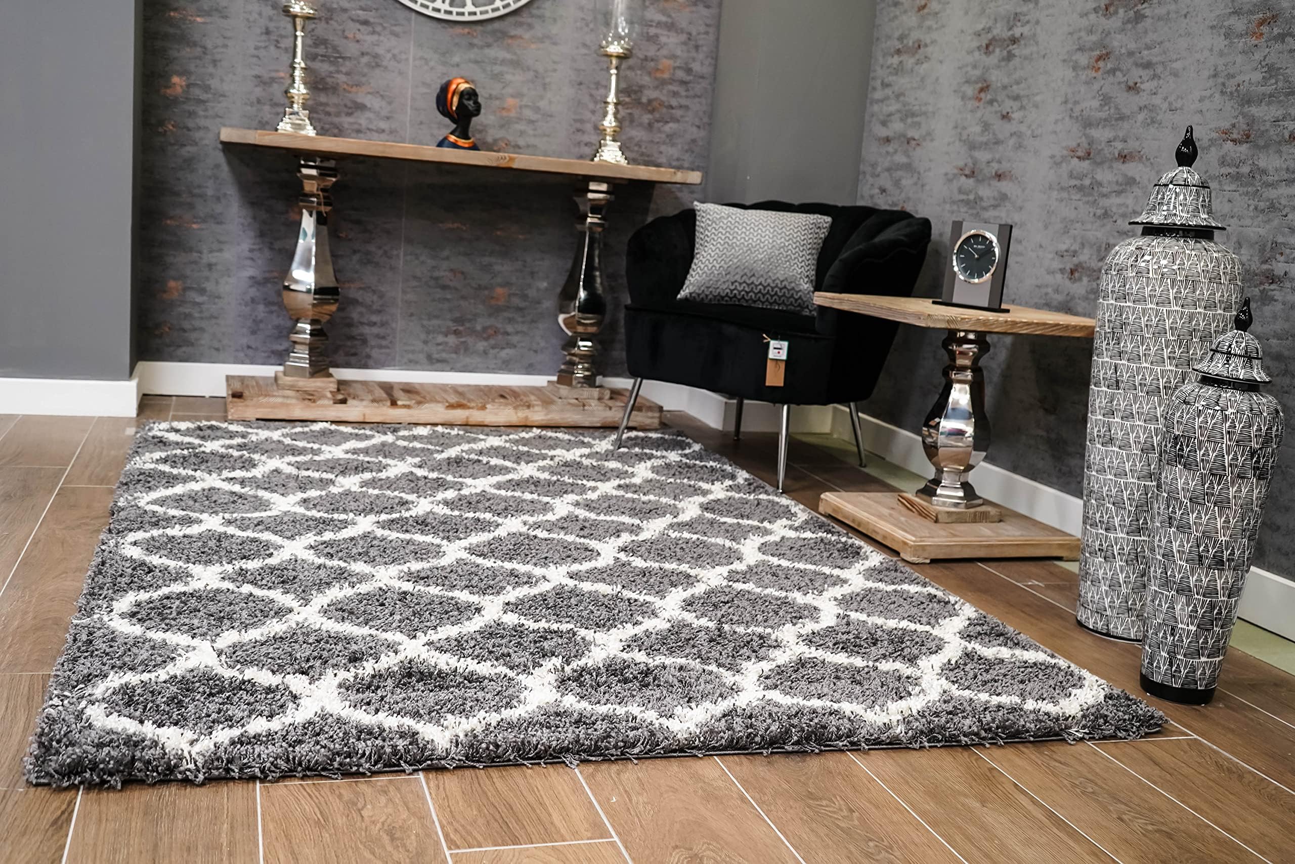 A2ZRUG Trellis Shaggy Luxury Super Soft 5cm Pile Thickness 60X230cm - 1'12''X7'7''ft Plain White and Dark Silver Shag Runner Rugs