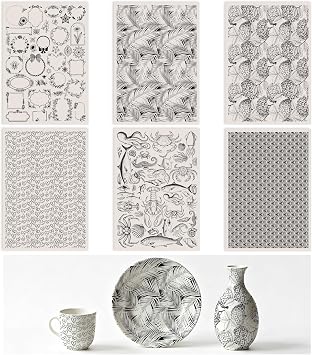 SUPERDANT 6 Styles Marine Life Underglaze Paper Transfer Flowers Feather Hearts Transfer Papers for Clay Ceramic Porcelain Under Glaze Transfers for Pottery Enamel Decals Black Decal Handcrafted Gift