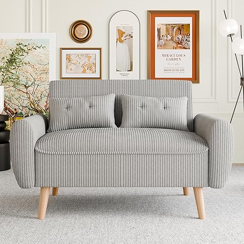 Vongrasig 48" Small Modern Loveseat Sofa, Mid Century Soft Corduroy Fabric 2-Seat Sofa Couch Tufted Love Seat with Back Cushions and Tapered Legs for Living Room, Bedroom and Small Space (Light Gray)