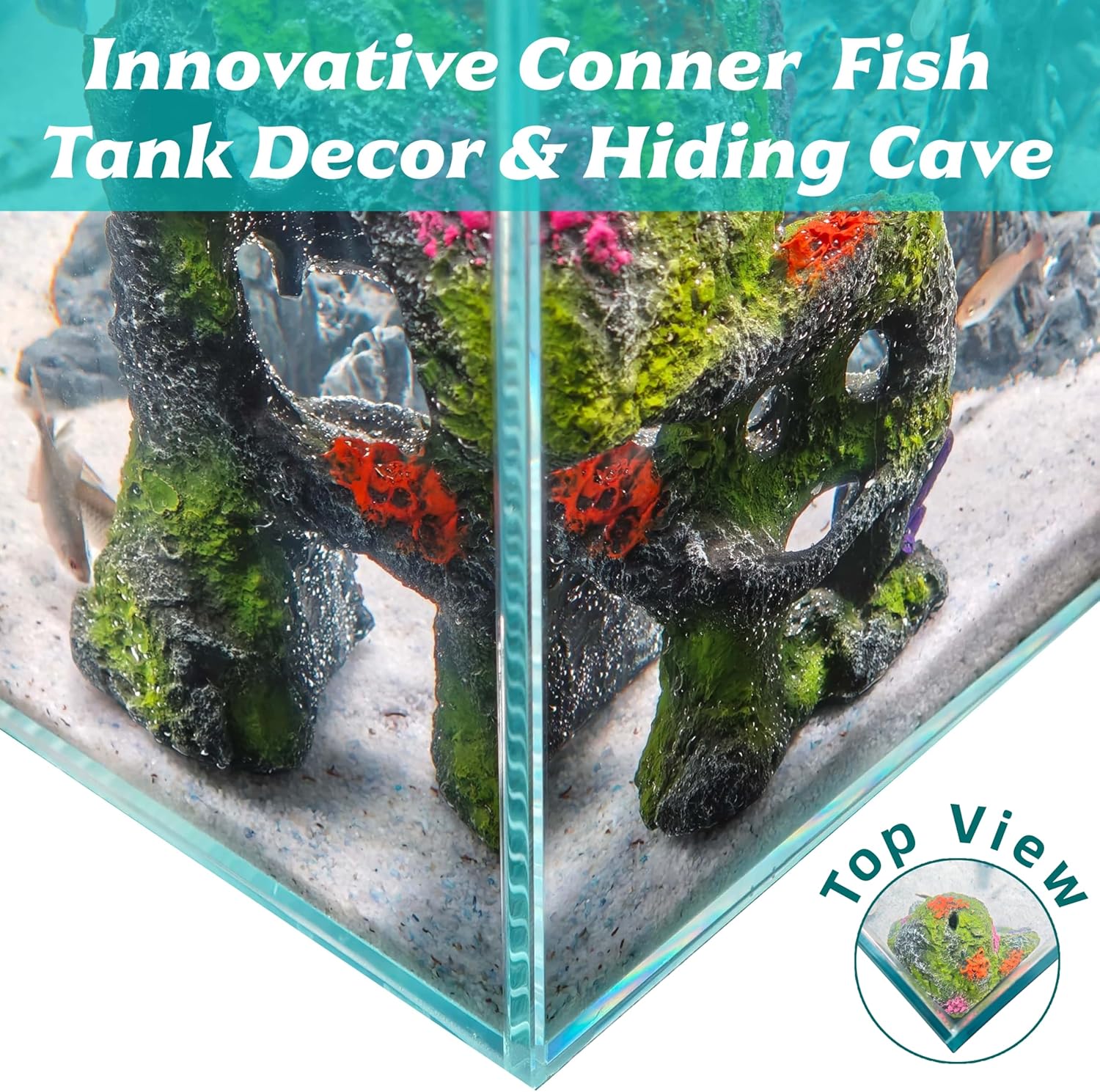 Betta Fish Tank Decorations Hideout - Triple Skull Hiding Cave for Aquarium, Resin Ornament with Artificial Moss Texture and Multiple Entrances for Shrimp, Small Fish - 7.3x4.9x6.1inch