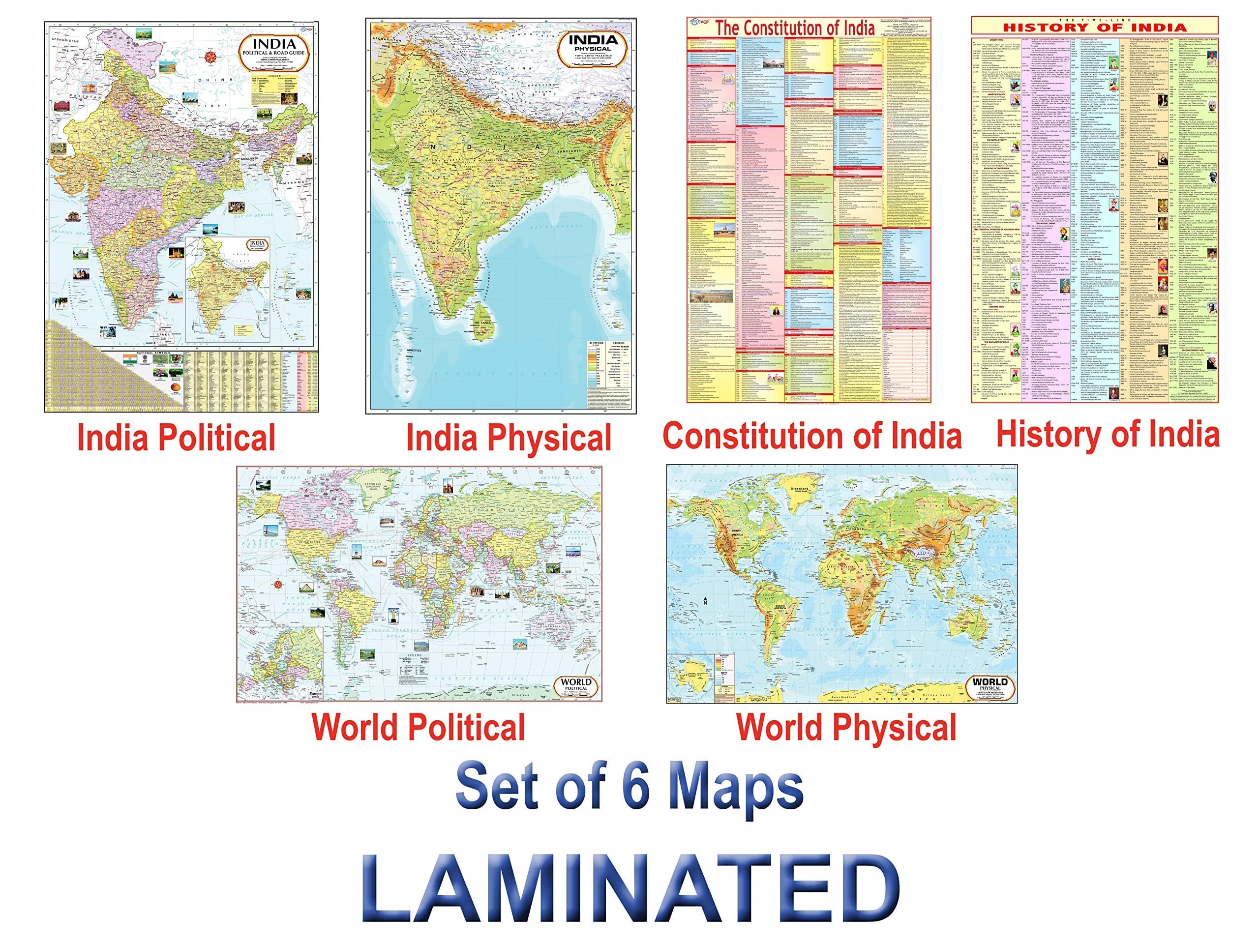 India & World Map ( Both Political & Physical ) with Constitution of India and History of India Chart | LAMINATED SET OF 6 Maps & Charts | Useful for UPSC, SSC, IES and other competitive exams