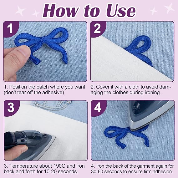 6pcs Bow Iron on Patches, Mini Bow Embroidered Applique, Blue
