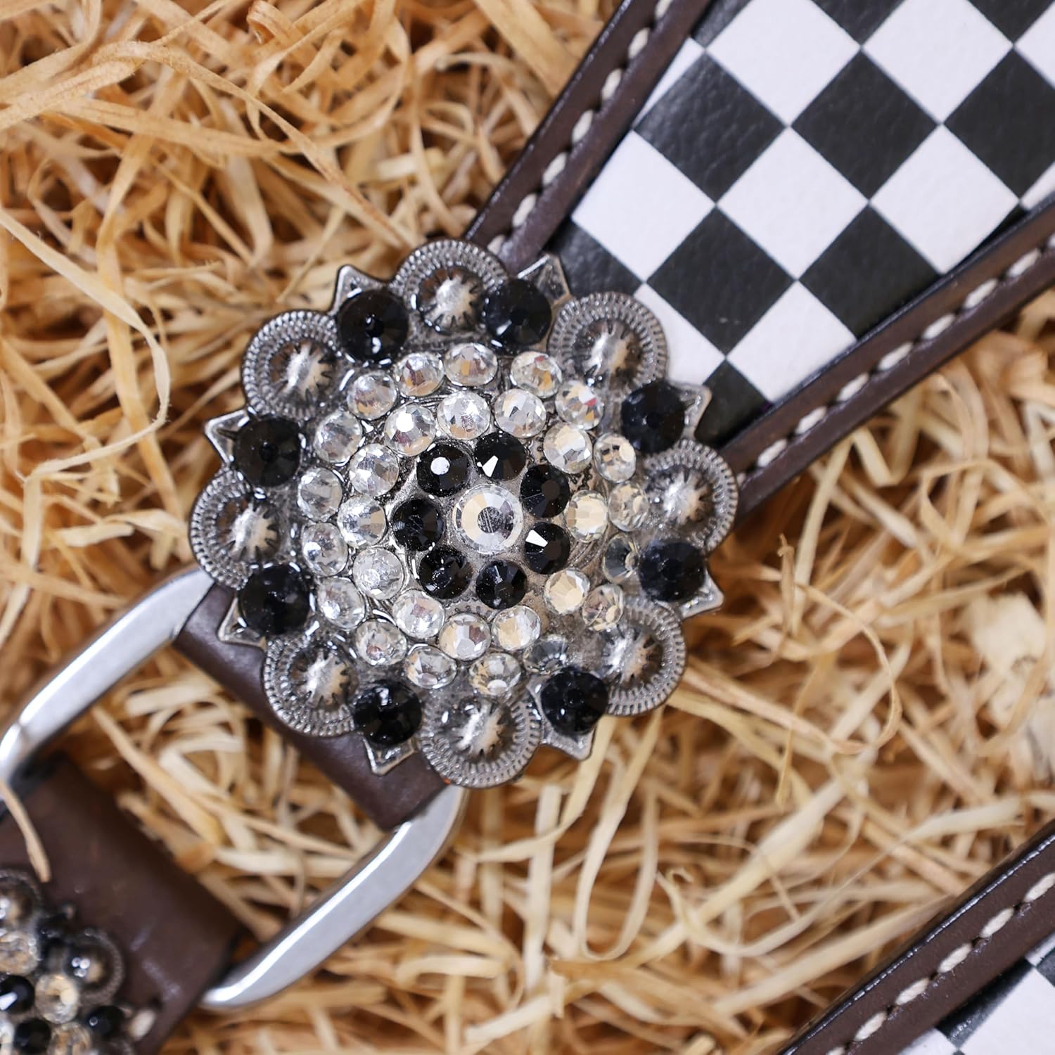 Western Headstall & Breast Collar Tack Set – Horse Race Finish Line Checkered Design on White Leather | Genuine Argentine Cow Leather | Handcrafted Quality