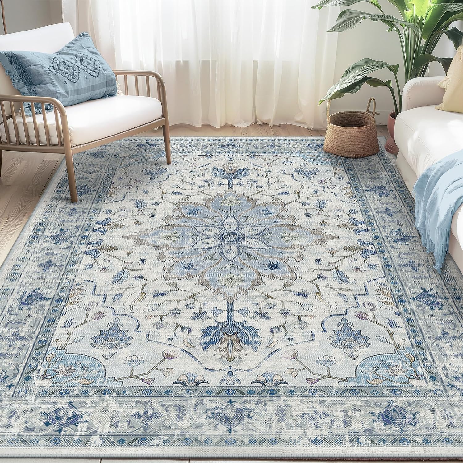 Area Rugs 5'x7' Washable Non-Slip, Floral Vintage Distress Print Pattern Medallion Carpet for Living Room Bedroom Dining Room, Light Blue Navy Beige Gray White