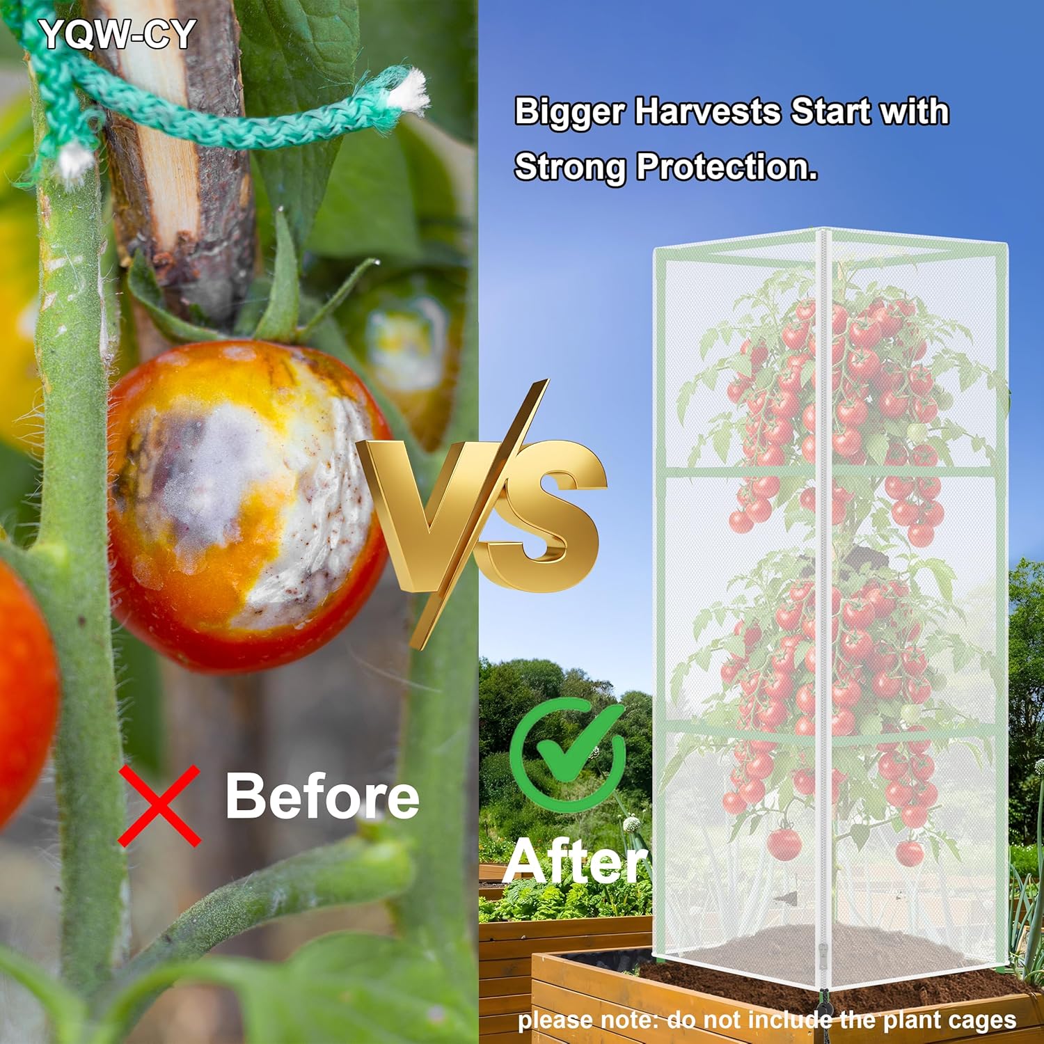 Garden Bird Netting Plant Cover for Square Tomato Cage, 59" x 17.7" Insect Barrier Tomato Cage Net with Zipper and Drawstring, Tomato Trellis Netting Protection Cover for Protecting Plant (6 Pack)