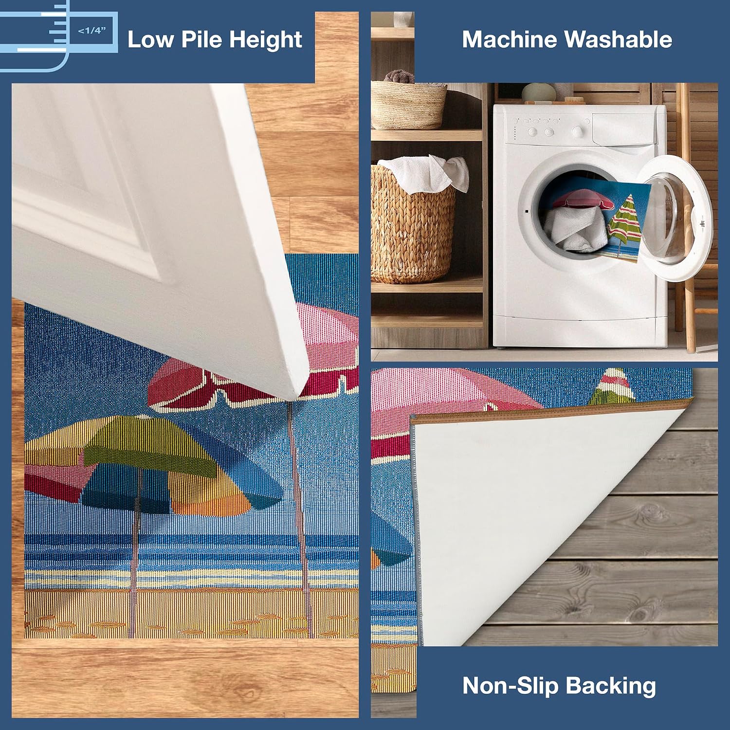 Liora Manne ESENCIA Indoor/Outdoor Power Loomed Latex Back Non Slip Mat - Transitional Graphic Coastal Beach Colorful (Beach Umbrella Blue) (2' x 2'10")