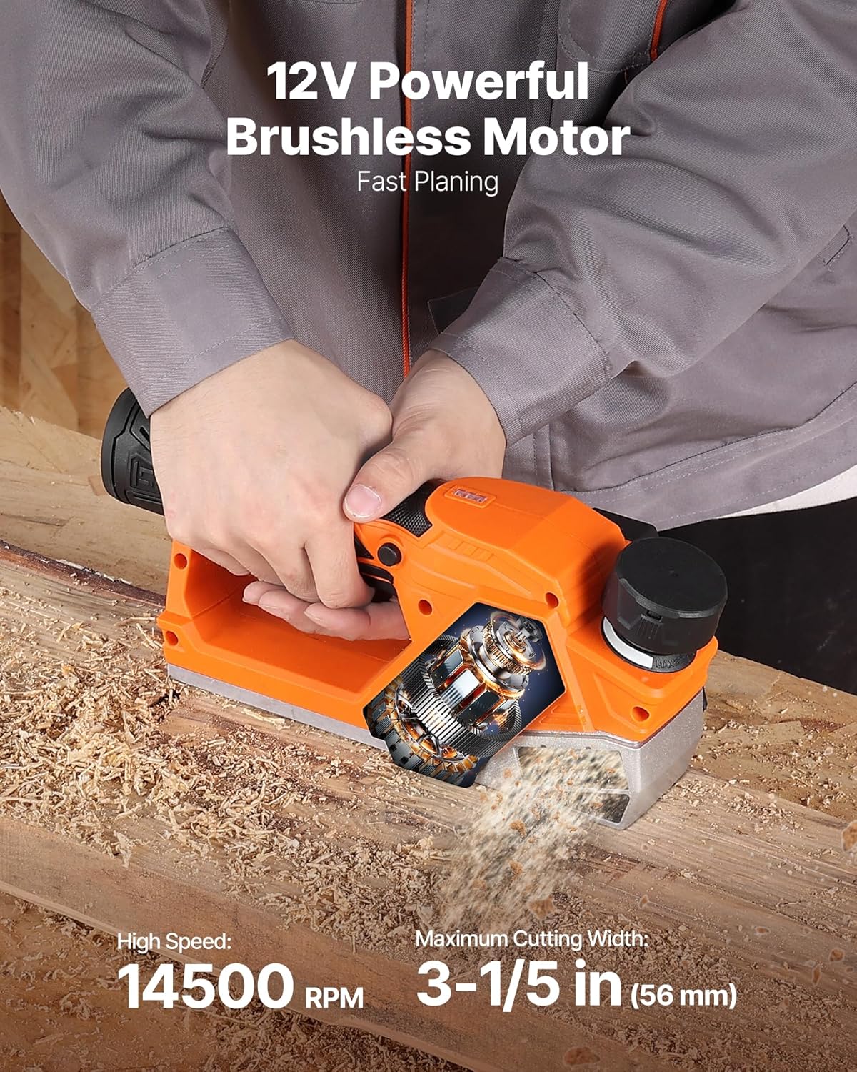 VEVOR Cordless Handheld Planer, 2-1/5-Inch Cut Width, 14500 RPM Electric Hand Wood Planer with 2 Ah 12V Lithium Battery, Brushless Motor, Adjustable Cut Depth, 2 Blades, for Woodworking Wood Chamfer