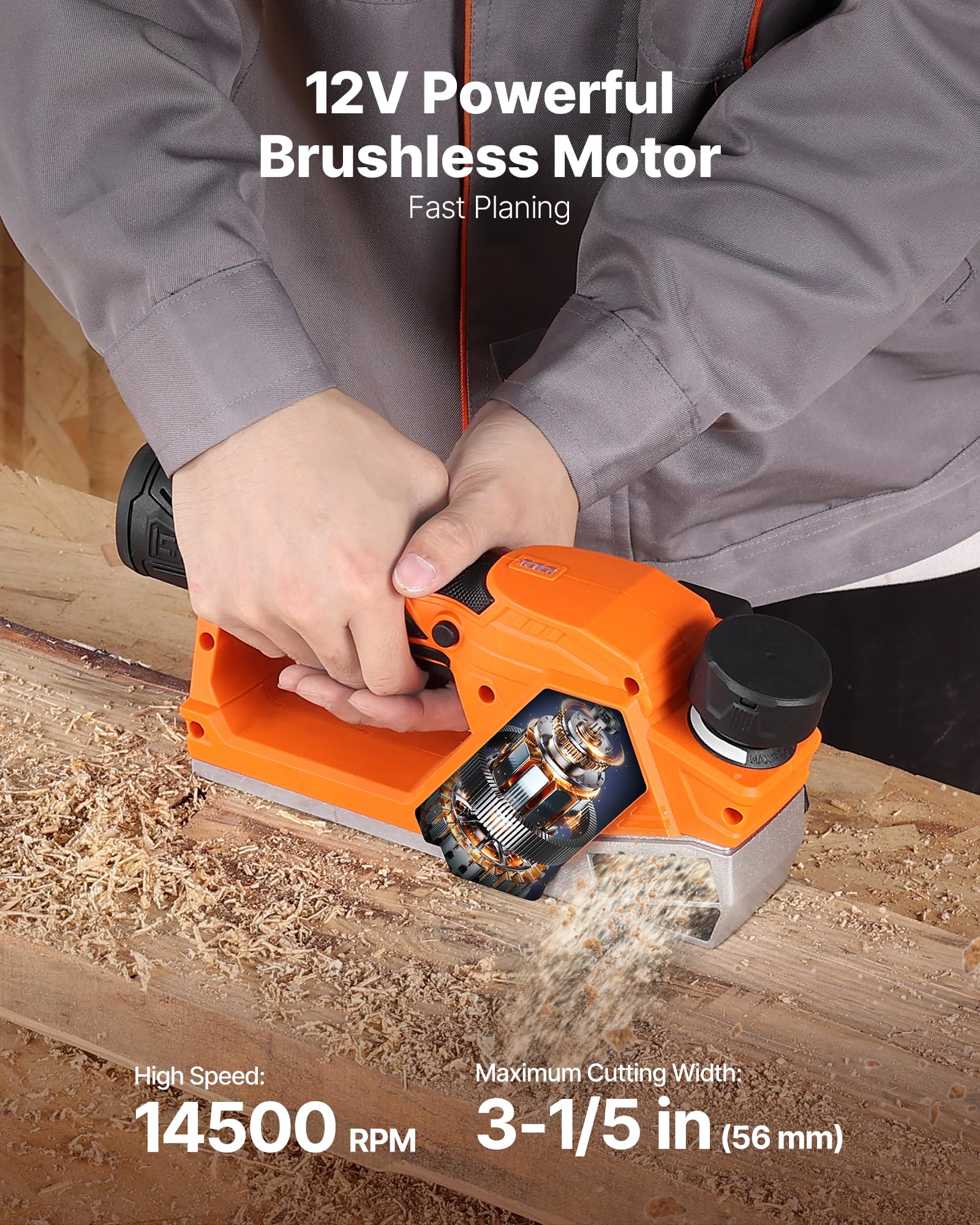 VEVOR Rabot Électrique sans Fil Largeur Coupe 56 mm Raboteuse à Bois à Main 14500 tr/min Batterie Lithium 2 Ah 12 V Moteur sans Balais Profondeur Coupe Réglable 2 Lames pour Travail Chanfreinage Bois