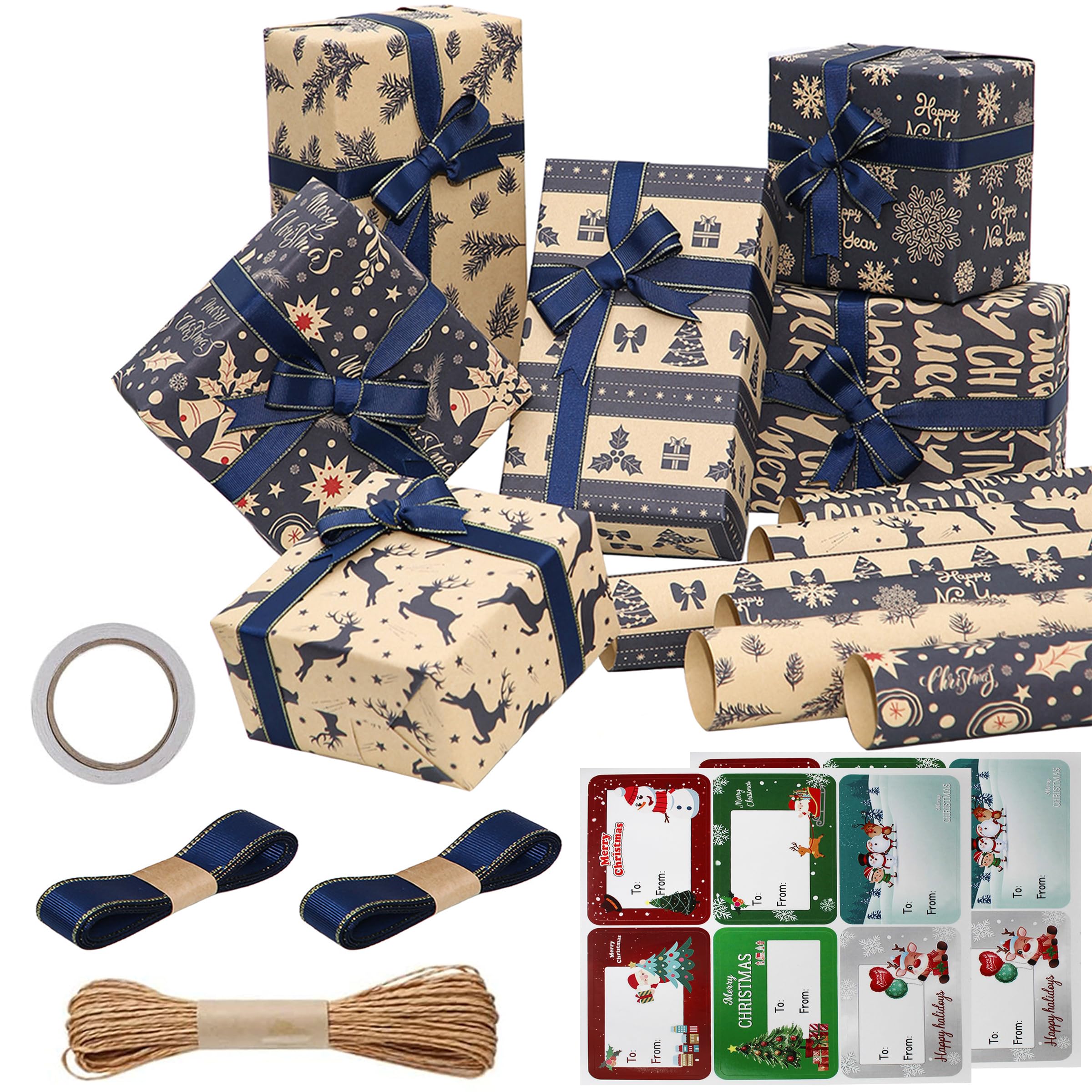 YankMooM 12 Sheets Christmas Wrapping Paper,70x50cm Vintage Xmas Wrapping Paper Blue Kraft Gift Wrapping Paper Set for Christmas Decoration and DIY Craft