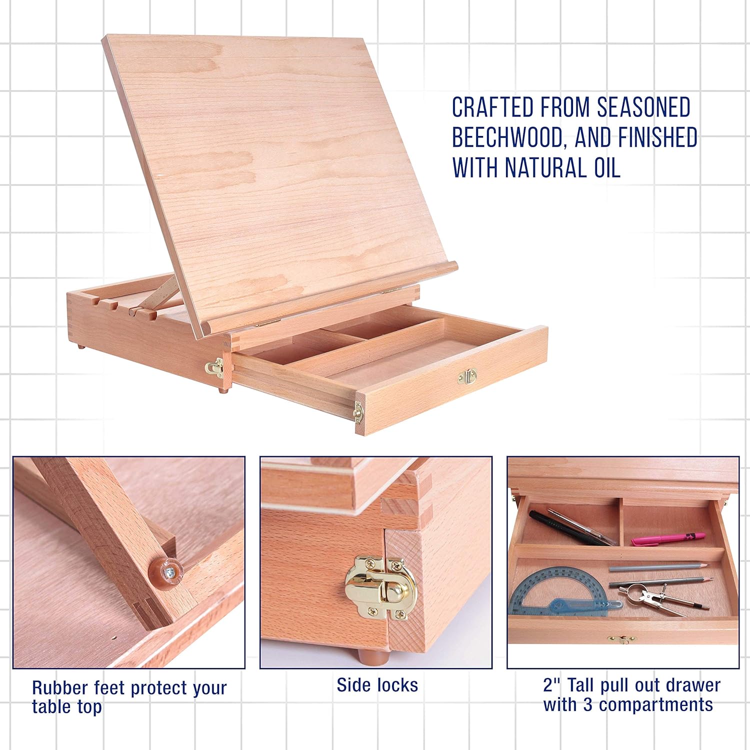 US Art Supply Adjustable Wood Artist Drawing & Sketching Board with Storage Drawer