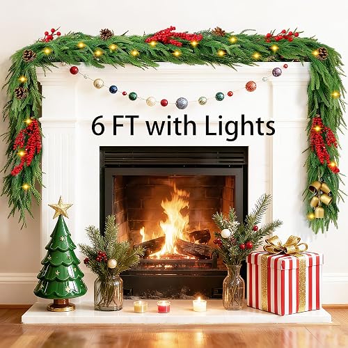 6FT Christmas Garland with Lights, Real Touch Norfolk Pine Garland