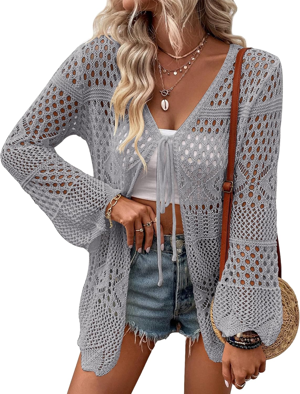 Women's Crochet Cardigan Light Weight Long Sleeve Tie Front Hollow Out Thin Cardigan
