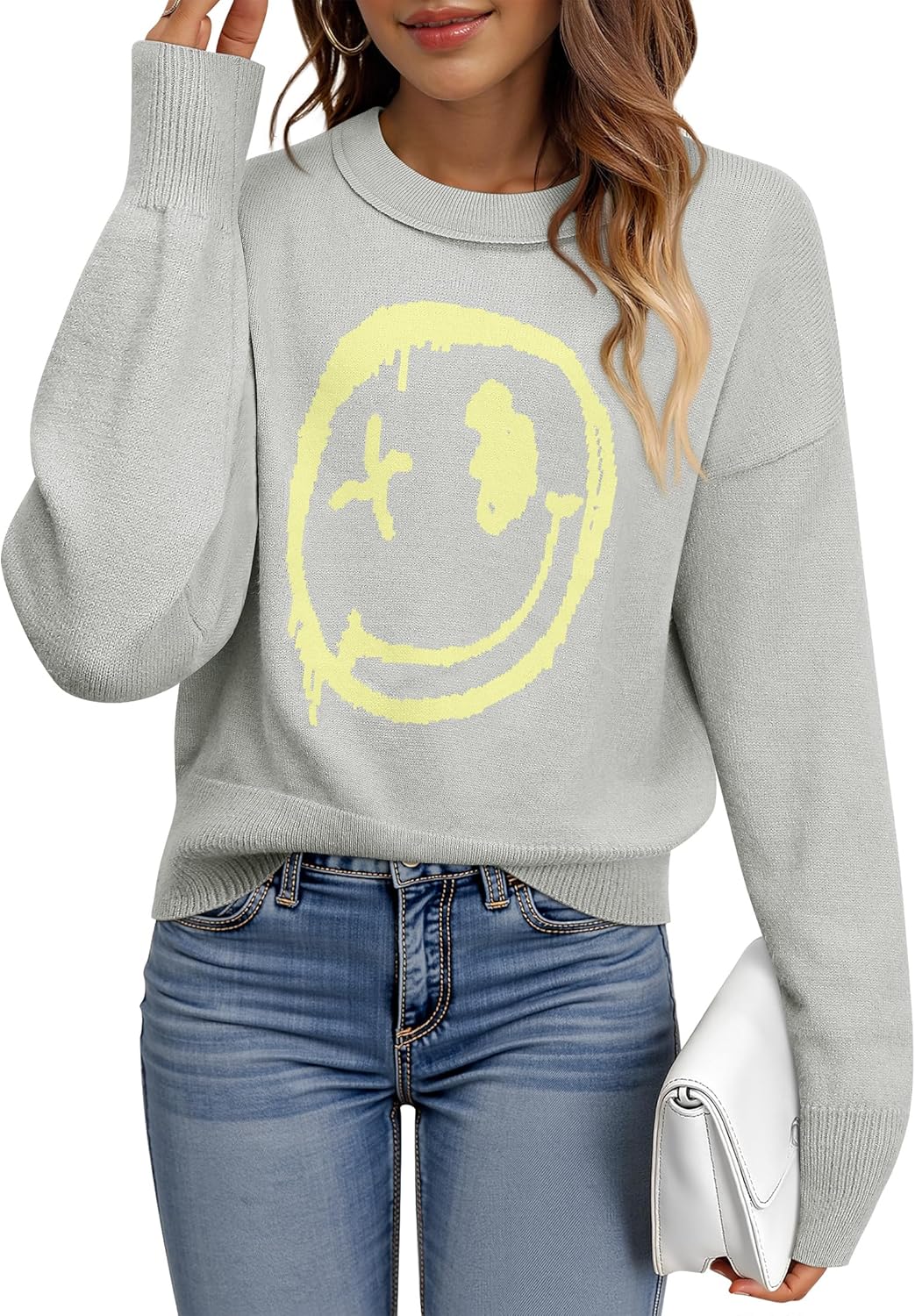 WLLW Women's Graphic Sweater Long Sleeve Crew Neck Casual Printed Sweaters Knit Loose Pullover Tops