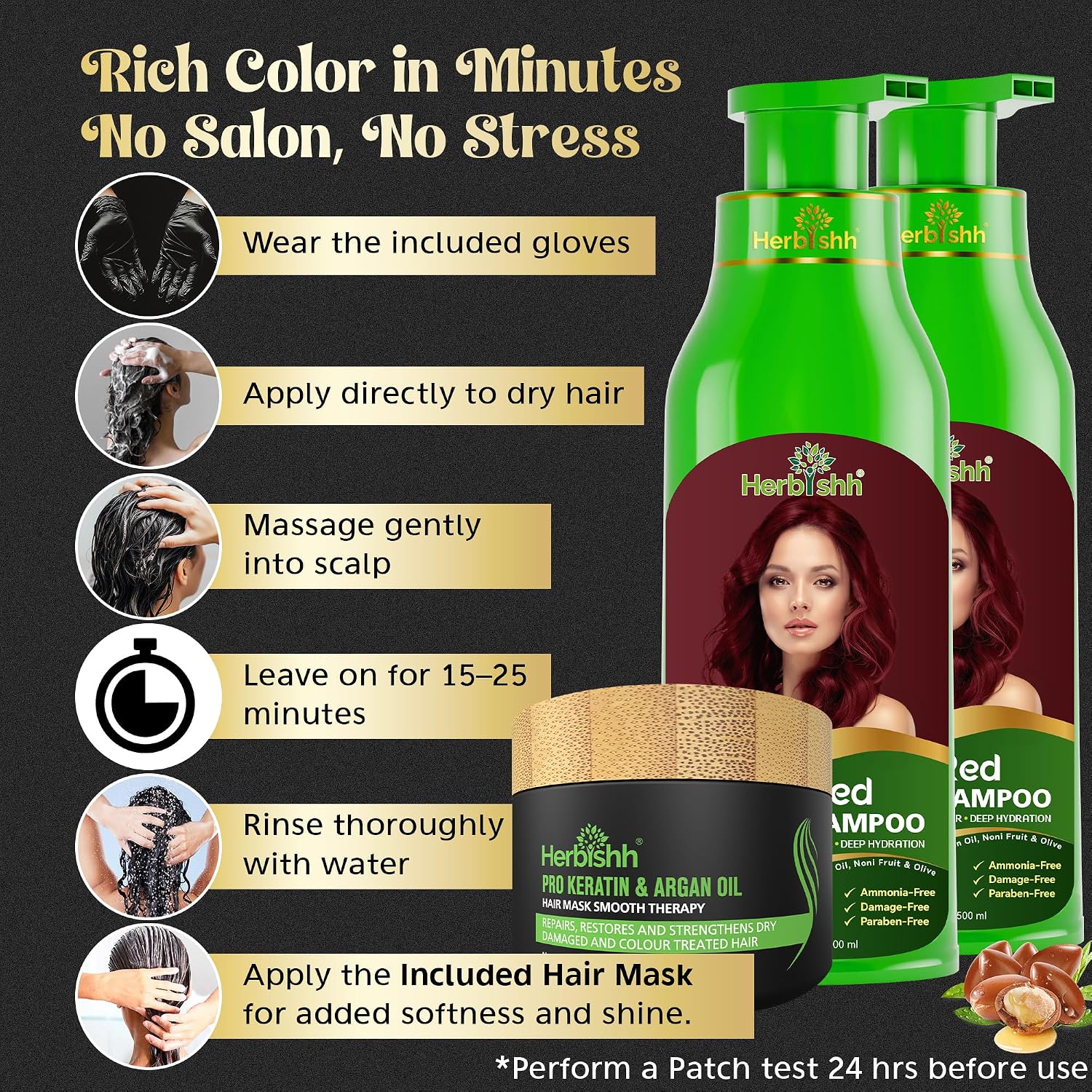 Herbishh Ultimate Hair Color Kit (2 Pcs Grape Red + 1 Argan Mask) for Grey Hair - Permanent, Long-Lasting, Easy-to-Apply Color Shampoo for Men and Women