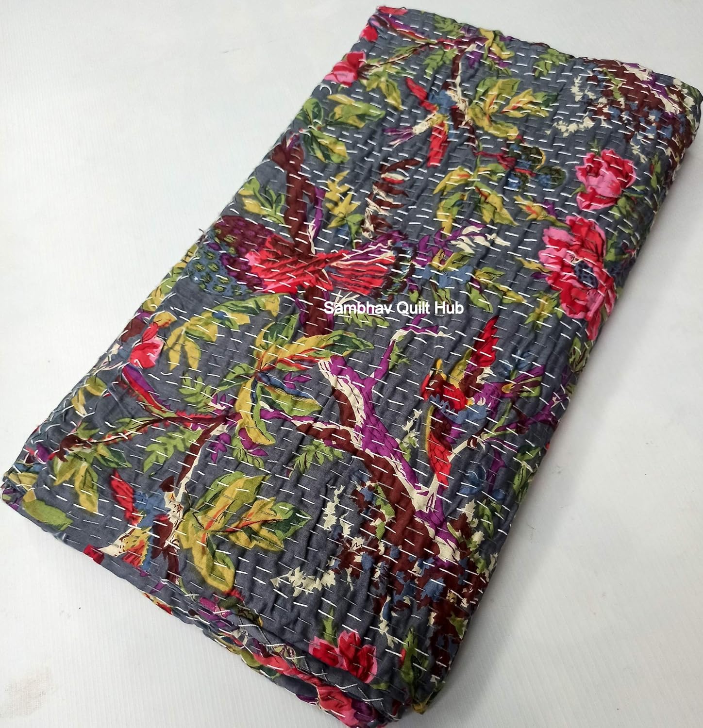 Grey Floral Bird Kantha Quilt 2 Pillow Reversible Kantha Bedding Quilt Bedspread Blanket Hippie Bohemian Kantha Quilting King/Queen Home Decor Bird Kantha Quilt with 2 Pillow Cover (60X90 inches)