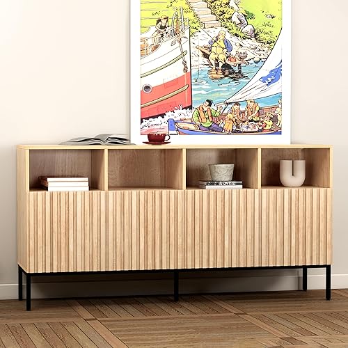 Miniatura 6 de Oxford - Armario de almacenamiento estriado, aparador de buffet con puertas, consola decorativa para sala de estar, comedor, entrada, roble natural