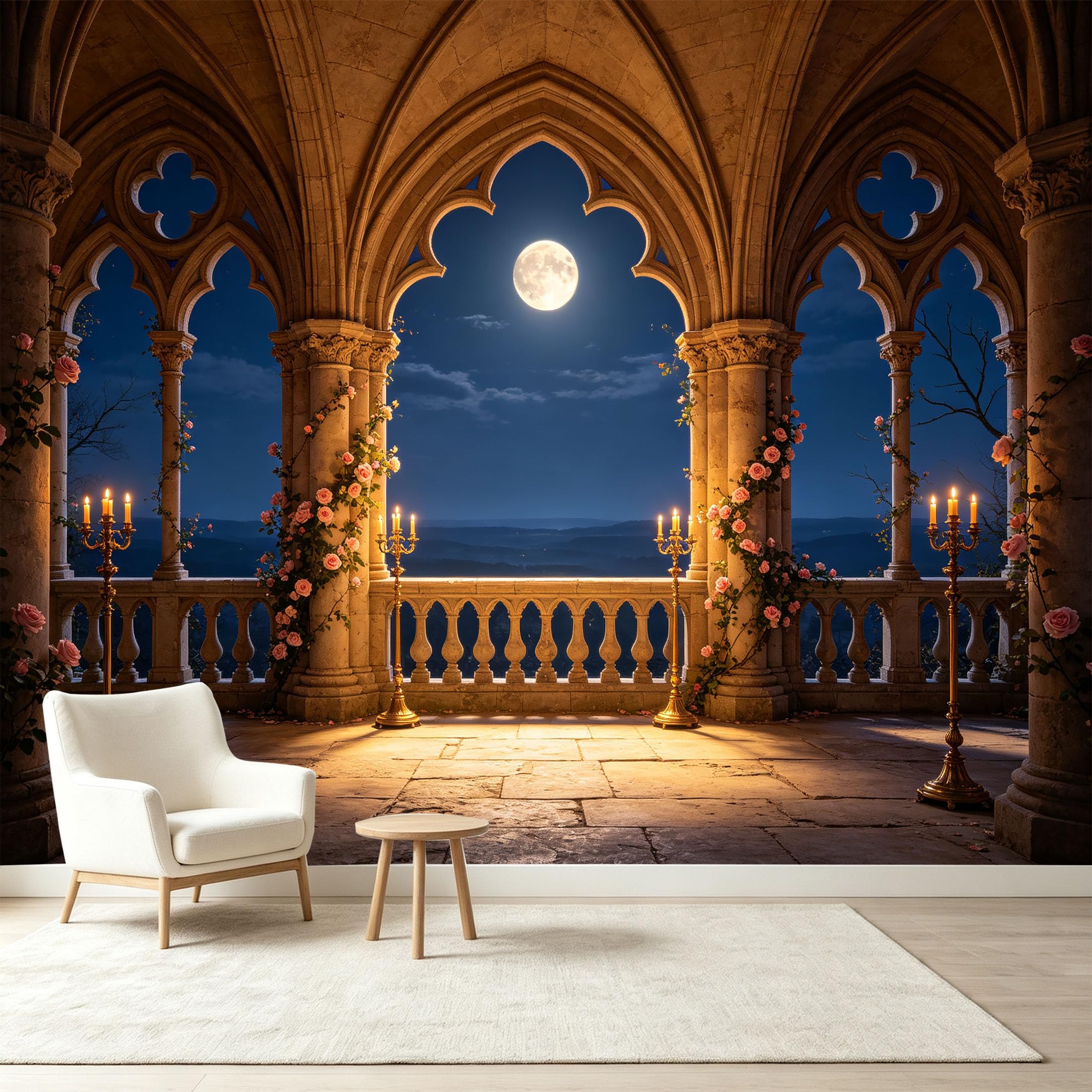 Custom Size Wall Murals Gothic Archway Full Moon Nightscape Floral Columns Candlelight 3D Trompe L'Oeil Self-Adhesive Wall Fabric Removable Wallpaper Wall Decor for Living Bedroom Bathroom