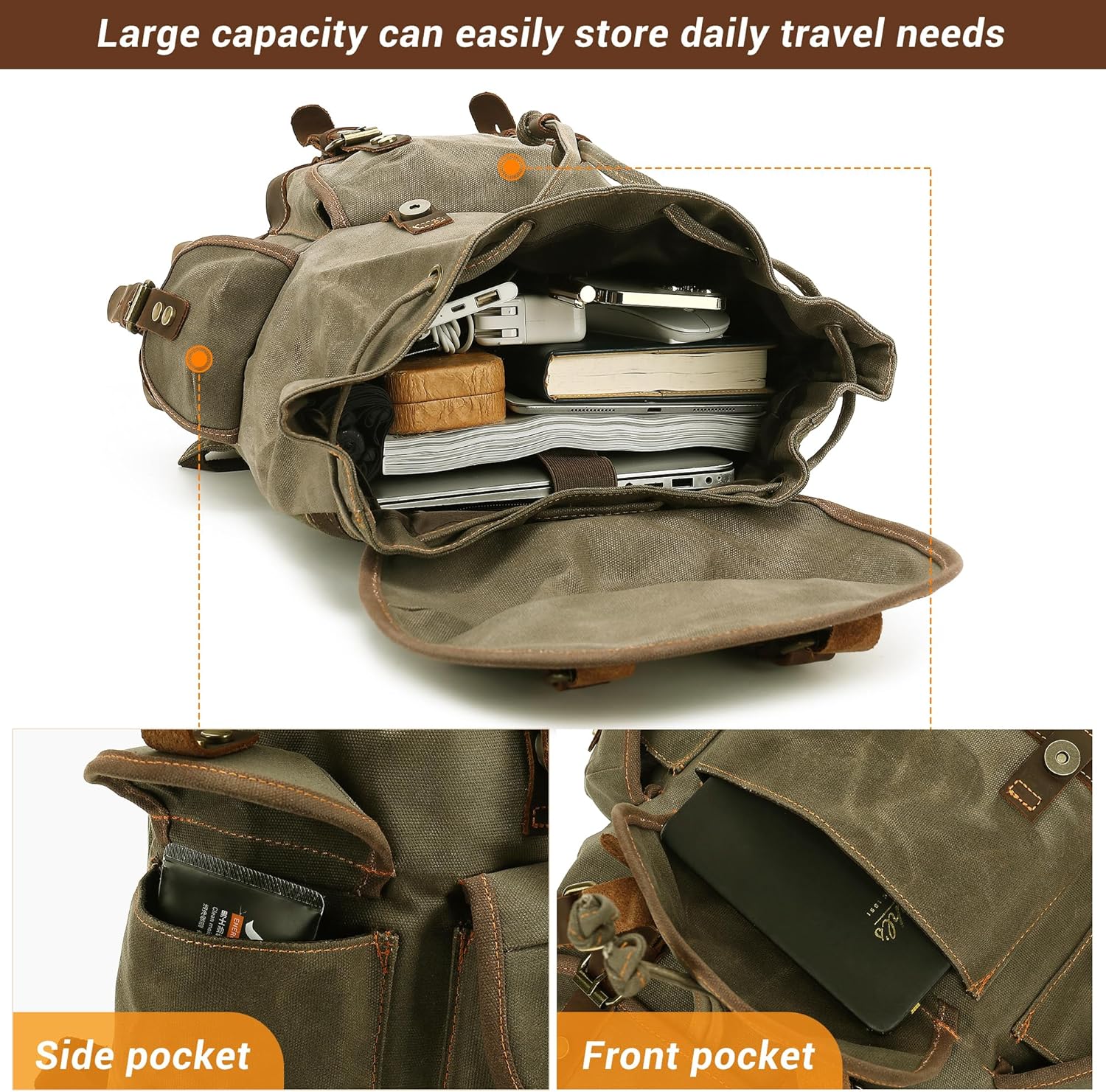 HuaChen Vintage Canvas Leather Backpack: Spacious Durable Rucksack for Men & Women, Perfect for Travel and College Life - M86 Army Green Coffee - Image 4