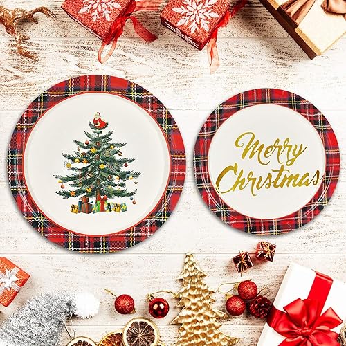 Miniatura 5 de NatuBeau Juego de 200 platos y servilletas de Navidad, suministros de fiesta de árbol de Navidad, incluye 50 platos de papel, 50 platos de postre,