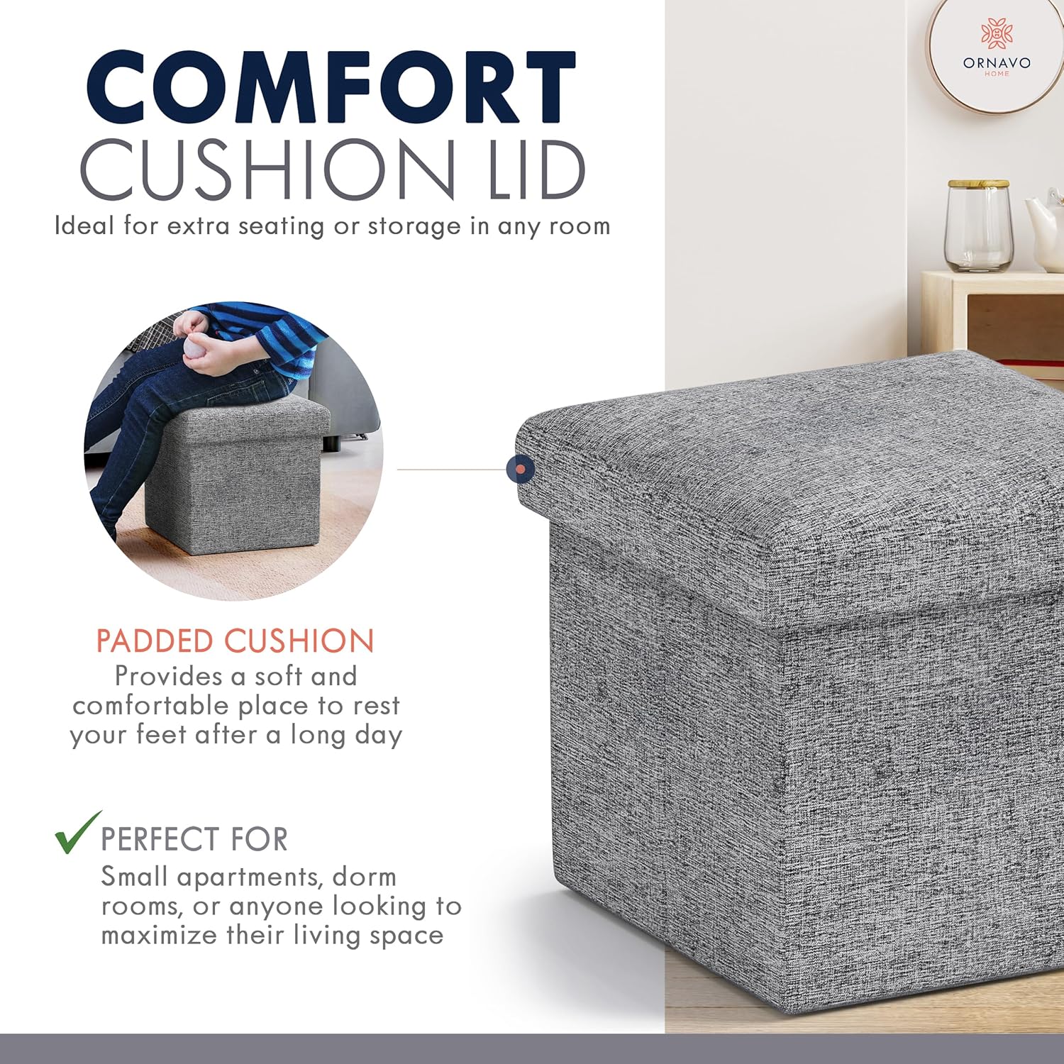 Ornavo Home Small Storage Ottoman Foldable Collapsible Cube Square Linen Ottoman Foot Rest Stool Seat, for Living Room, Bedroom, Home Office, Dorm - 12 x 12 x 12, Gray - Image 6