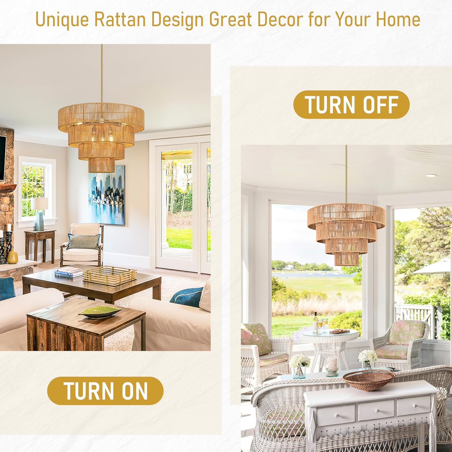 6-Light 24" Woven Boho Chandelier for Bedroom Rattan Light Fixture Wicker Pendant Light Large Rattan Pendant Light with 4-Tier Woven Shade Drum Light Fixture for Living Room Entryway
