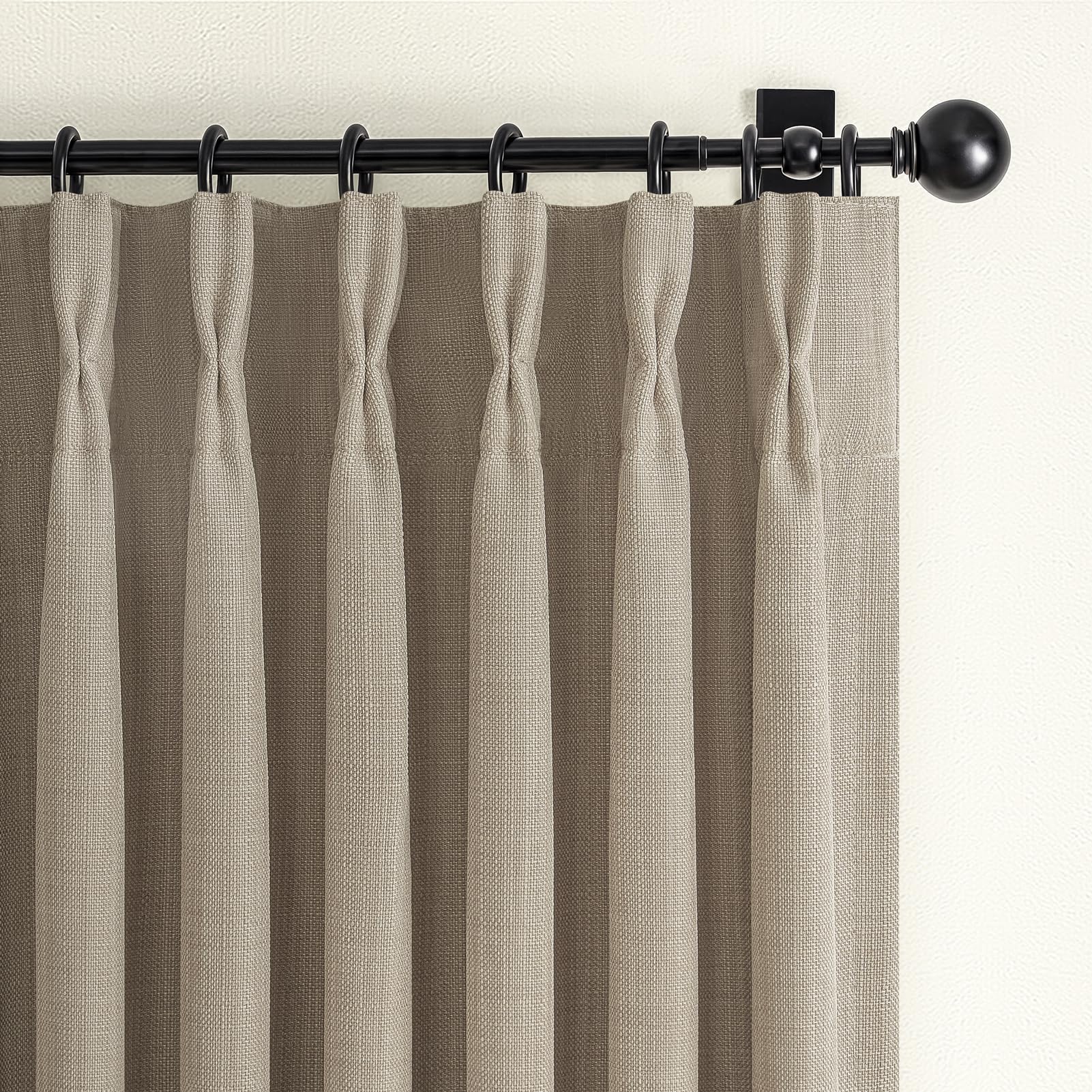 Photo 1 of Greyish Beige Extra Long Black Out 108 Inch Curtains for Bedroom, Modern Pinch Pleated Textured Linen Light Blocking Window Drapes 2 Panels Set with Hooks Rings for Dining Room 9 FT Taupe Large Burg