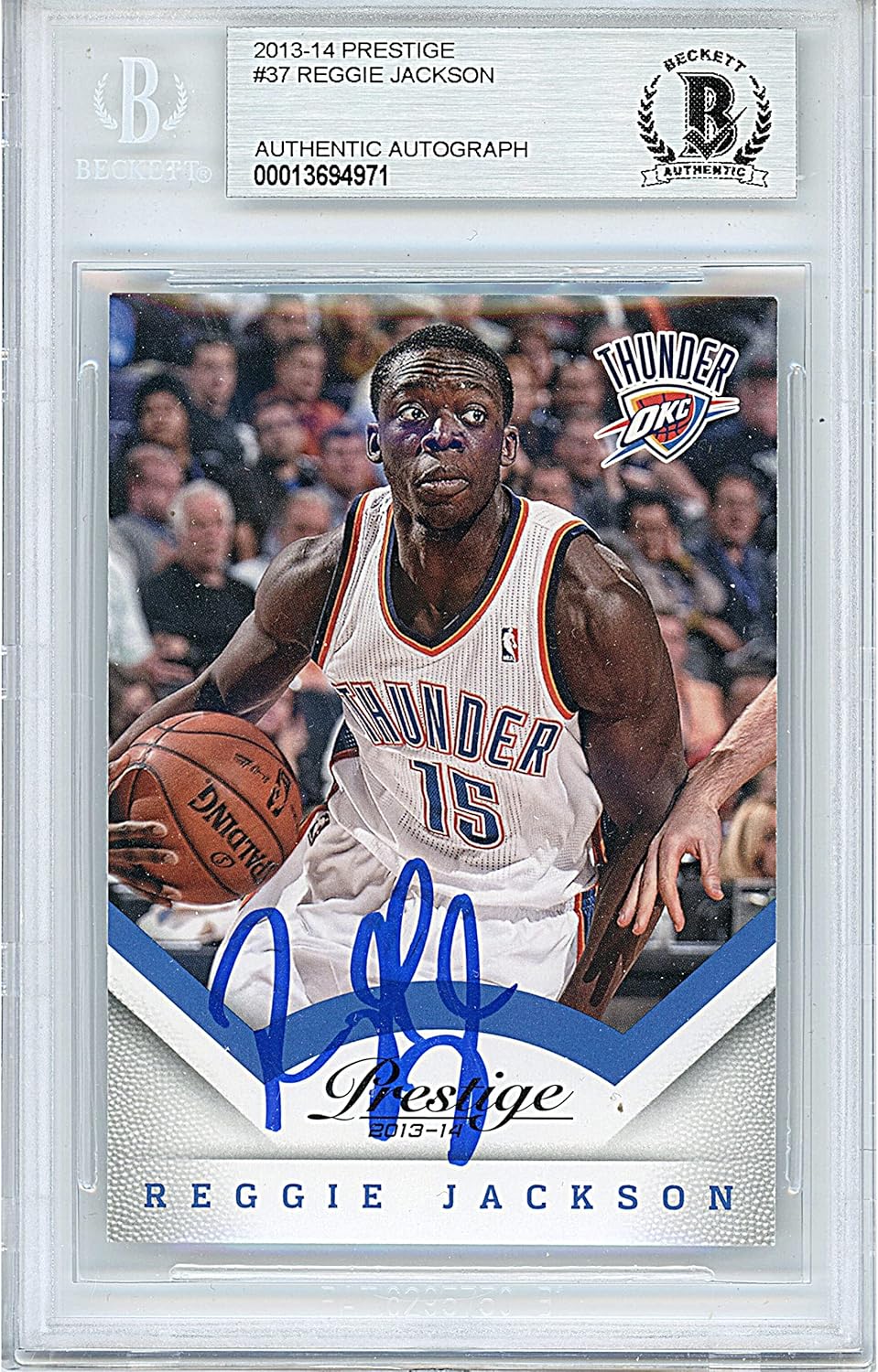 Reggie Jackson Autographed 2013 2014 Panini Prestige #37 Basketball Trading Card Slab Beckett BAS Authentic Slabbed COA Played For OKC Thunder NBA