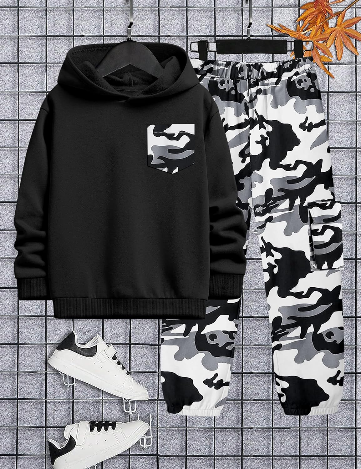 KANGKANG Boys Clothes Two Piece Long Sleeve Hooded Sweatshirt Top Camouflage Sweatpants Fall Outfits Winter Clothes Set 6-16Y