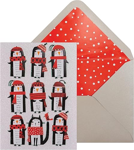 NIQUEA.D Juego de tarjetas navideñas en caja, pingüinos y gatos, incluye un sobre de sentimiento festivo y a juego, juego de 8 (NXB-0028),