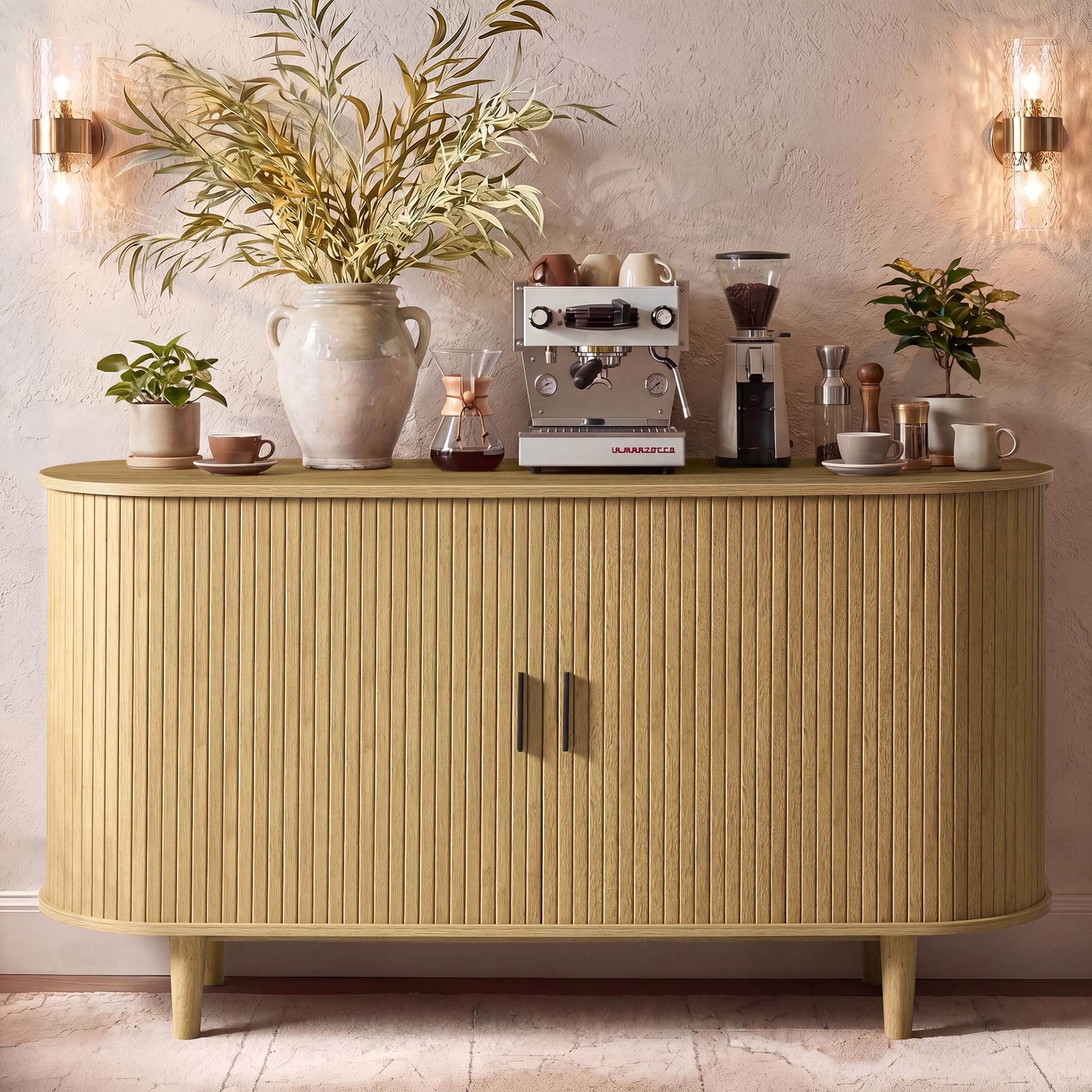 VASAGLE Aparador, Armario de Almacenaje con Puertas Correderas, Estantes Ajustables, 140 x 40 x 75 cm, Marrón Arena, para Salón y Comedor, Colección Miriana LSC631KK01